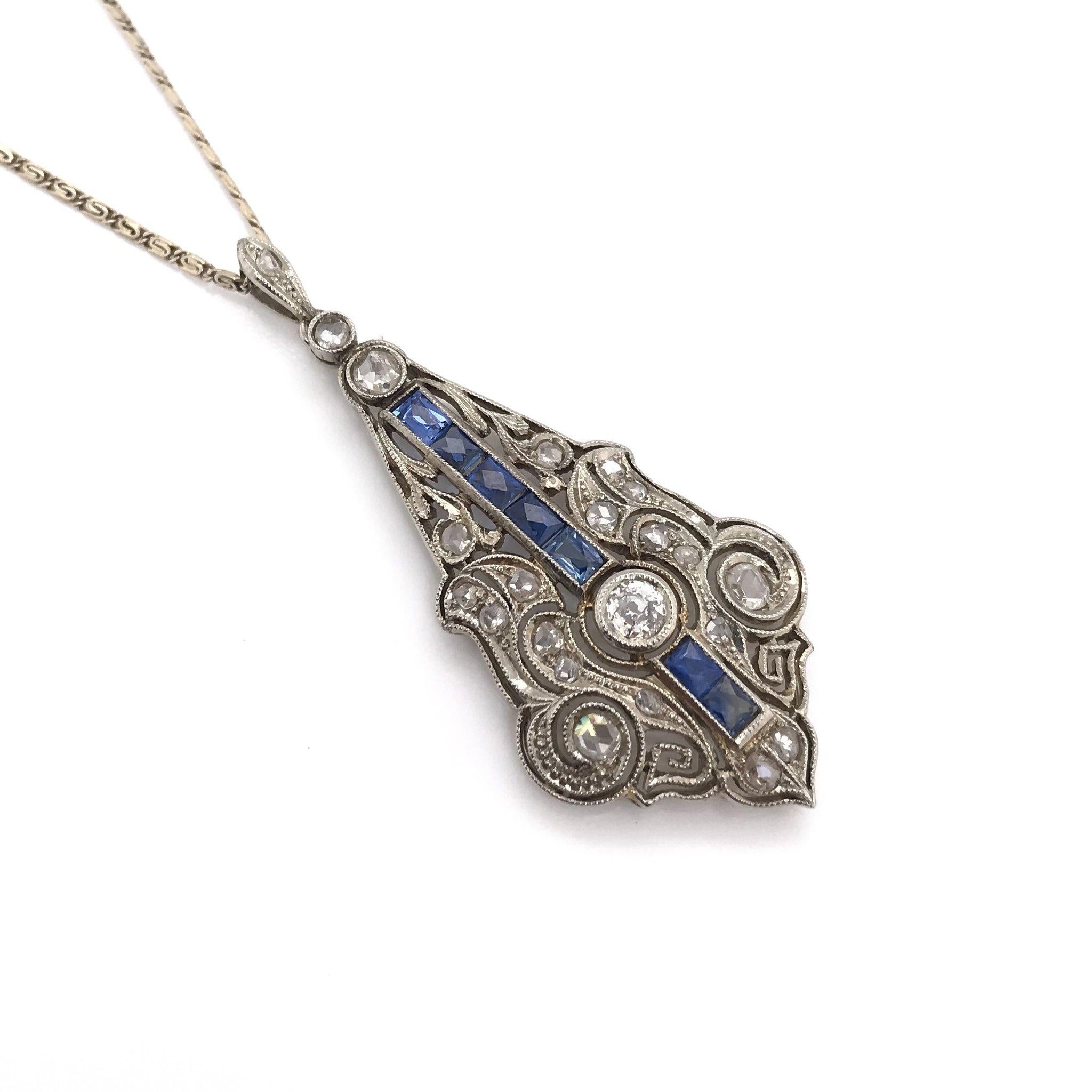 French Cut Art Deco Diamond & Sapphire Lavalier Necklace