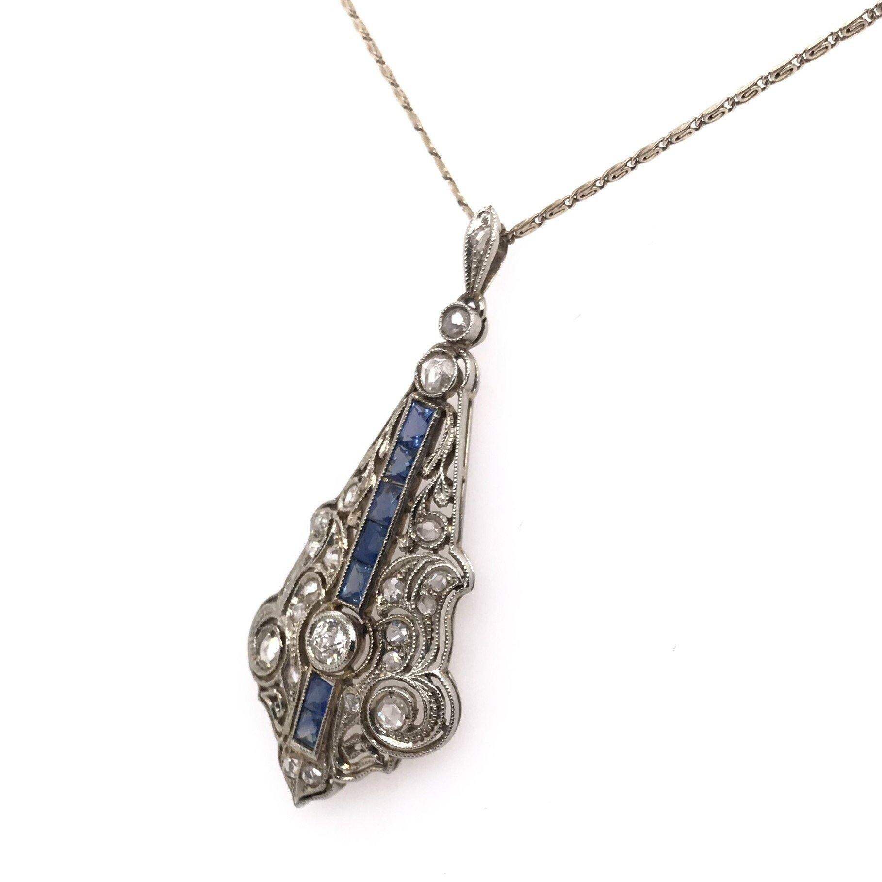 Art Deco Diamond & Sapphire Lavalier Necklace In Good Condition In Montgomery, AL