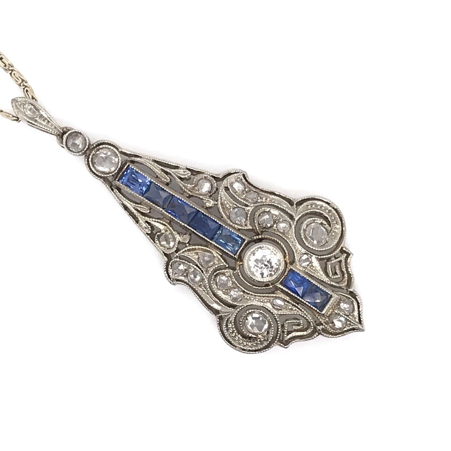 Art Deco Lavalier-Halskette mit Diamanten und Saphiren 1