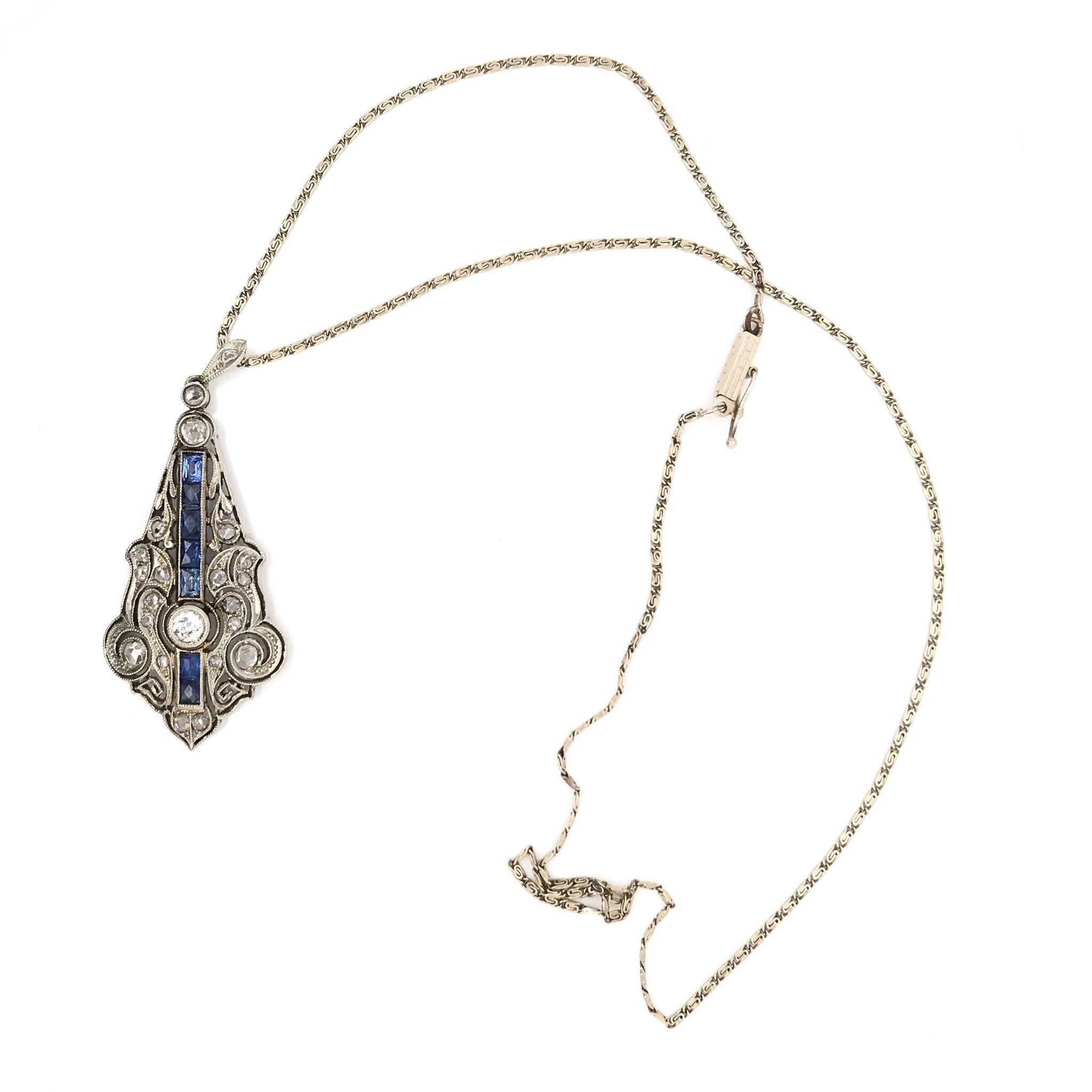 Art Deco Diamond & Sapphire Lavalier Necklace 3