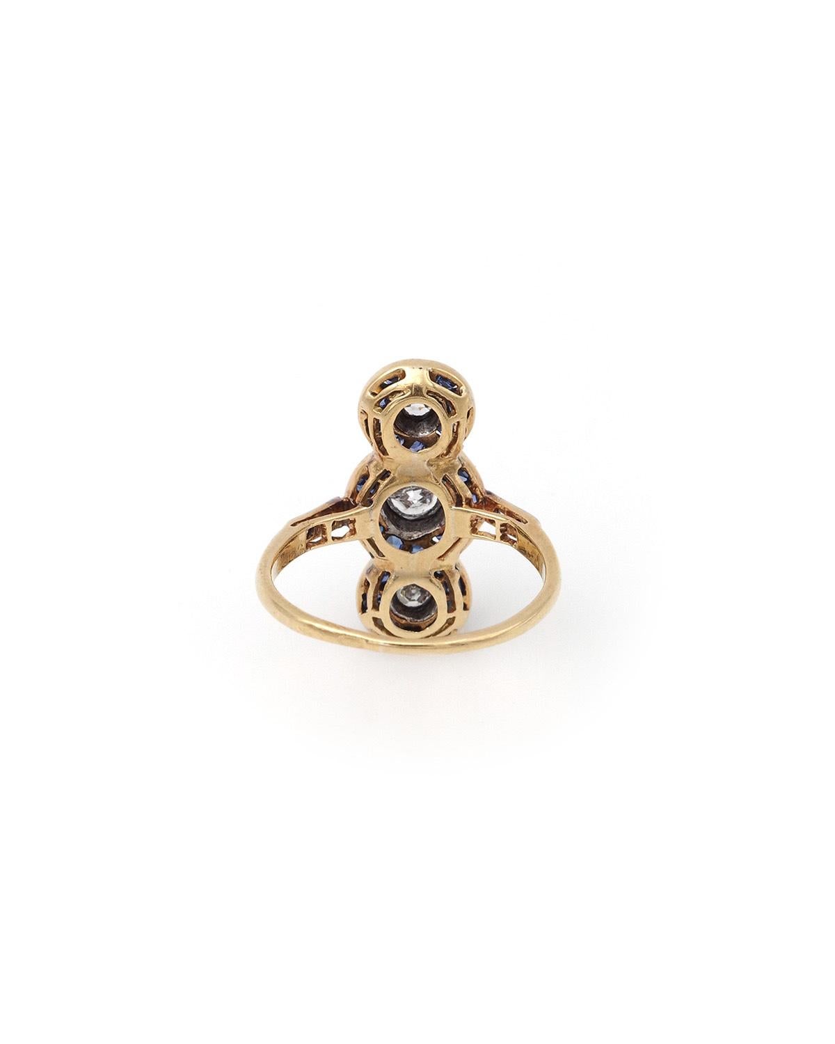 Anello Art Deco con diamante e zaffiro in oro 18 carati e platino, anello Art Deco In condizioni buone in vendita a PARIS, FR