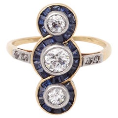 Anello Art Deco con diamante e zaffiro in oro 18 carati e platino, anello Art Deco