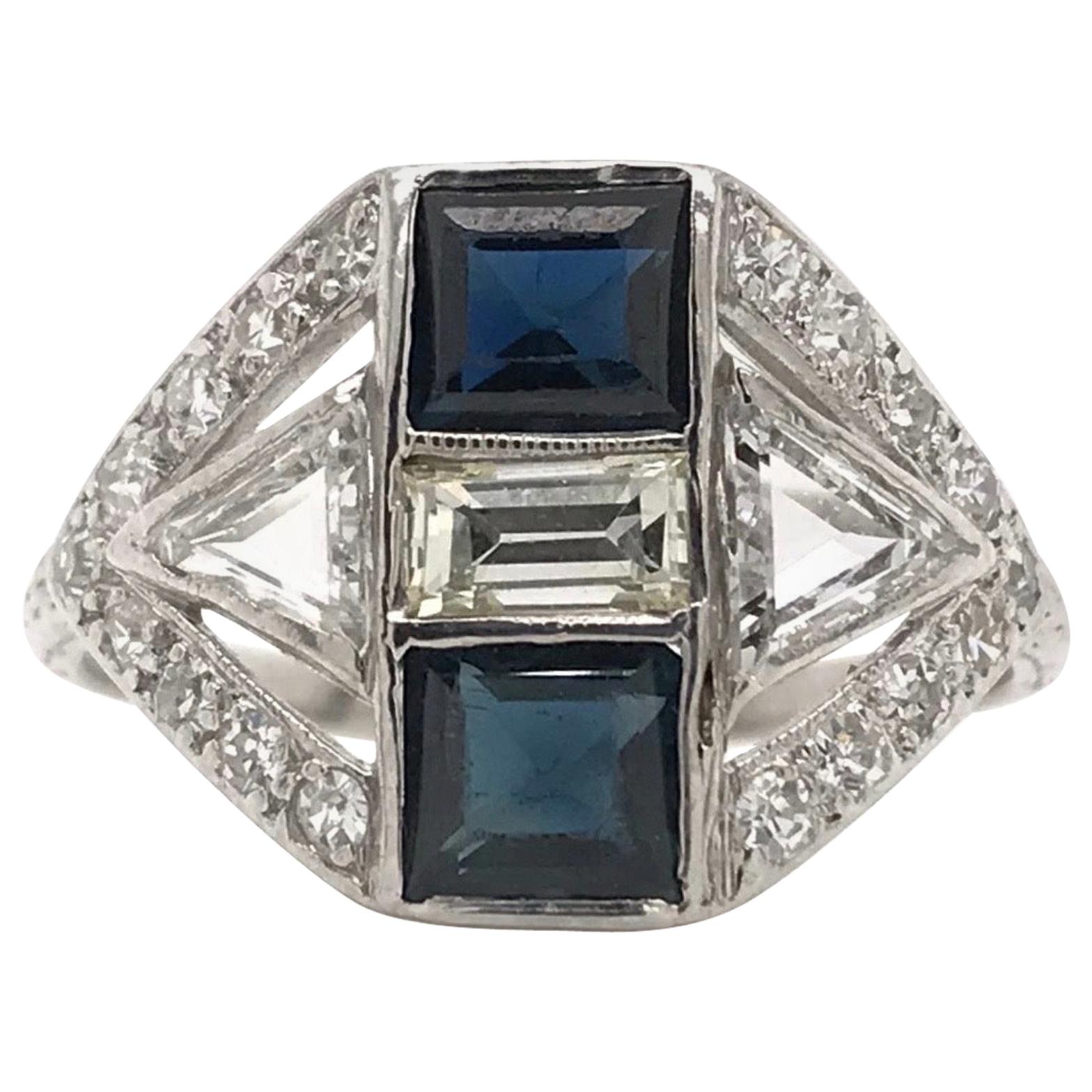 Art Deco Diamond and Sapphire Mixed Cut Ring