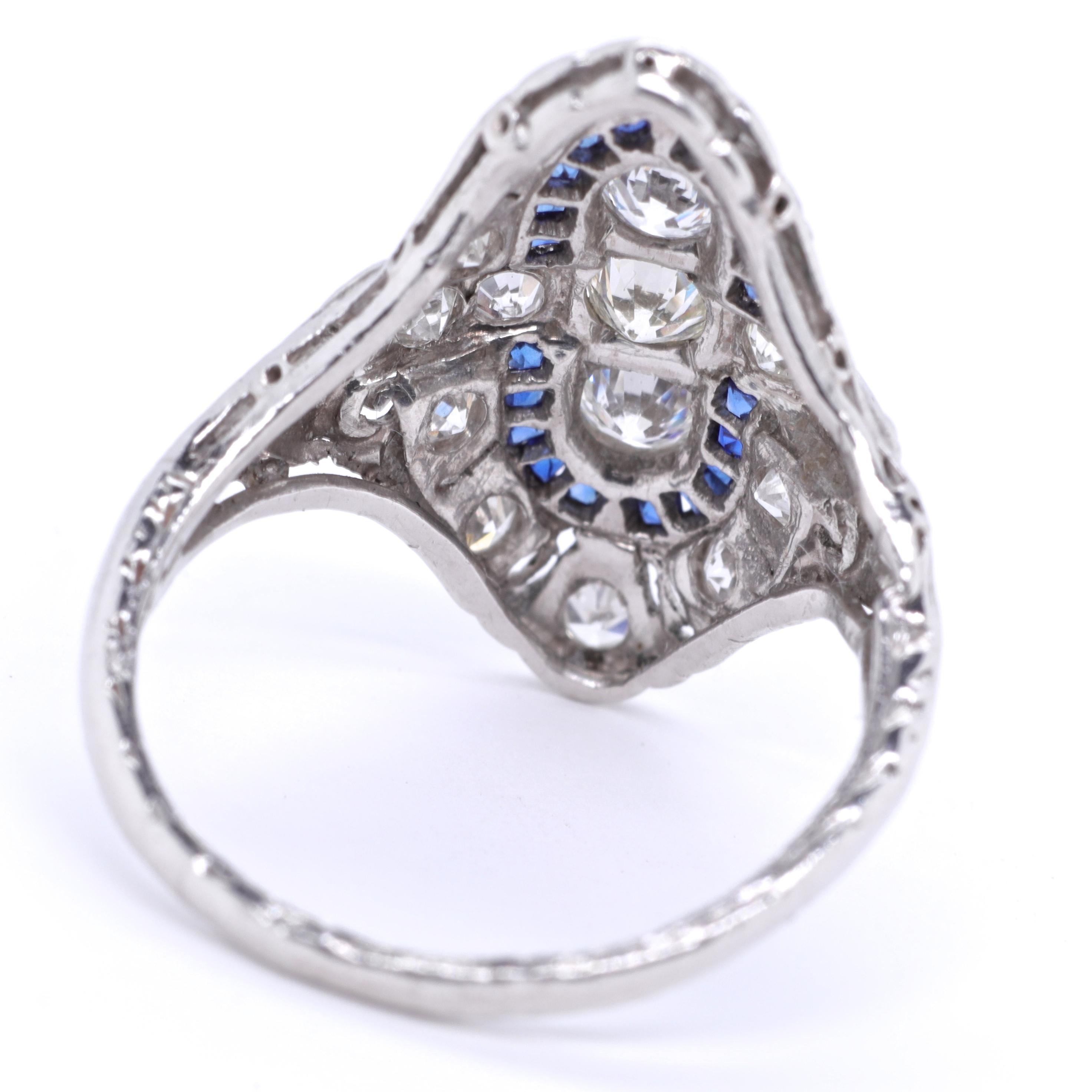 Art Deco Diamond Sapphire Navette Platinum Ring In Good Condition In Beverly Hills, CA