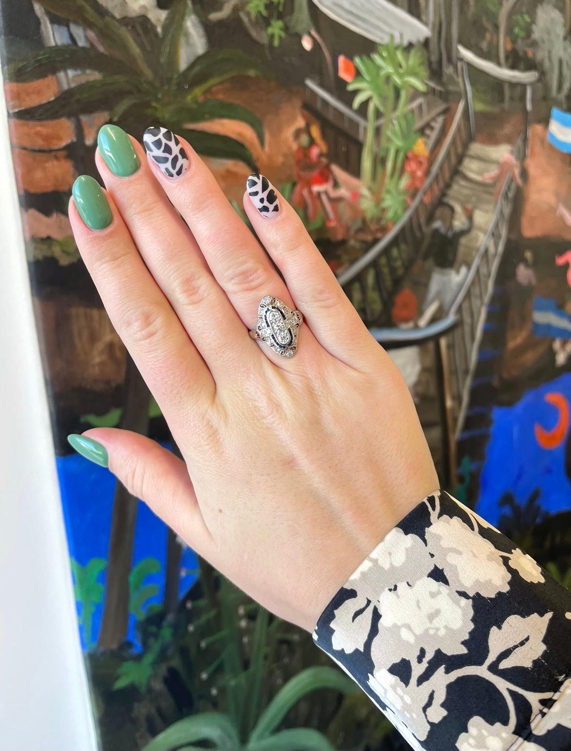 Women's Art Deco Diamond Sapphire Navette Platinum Ring