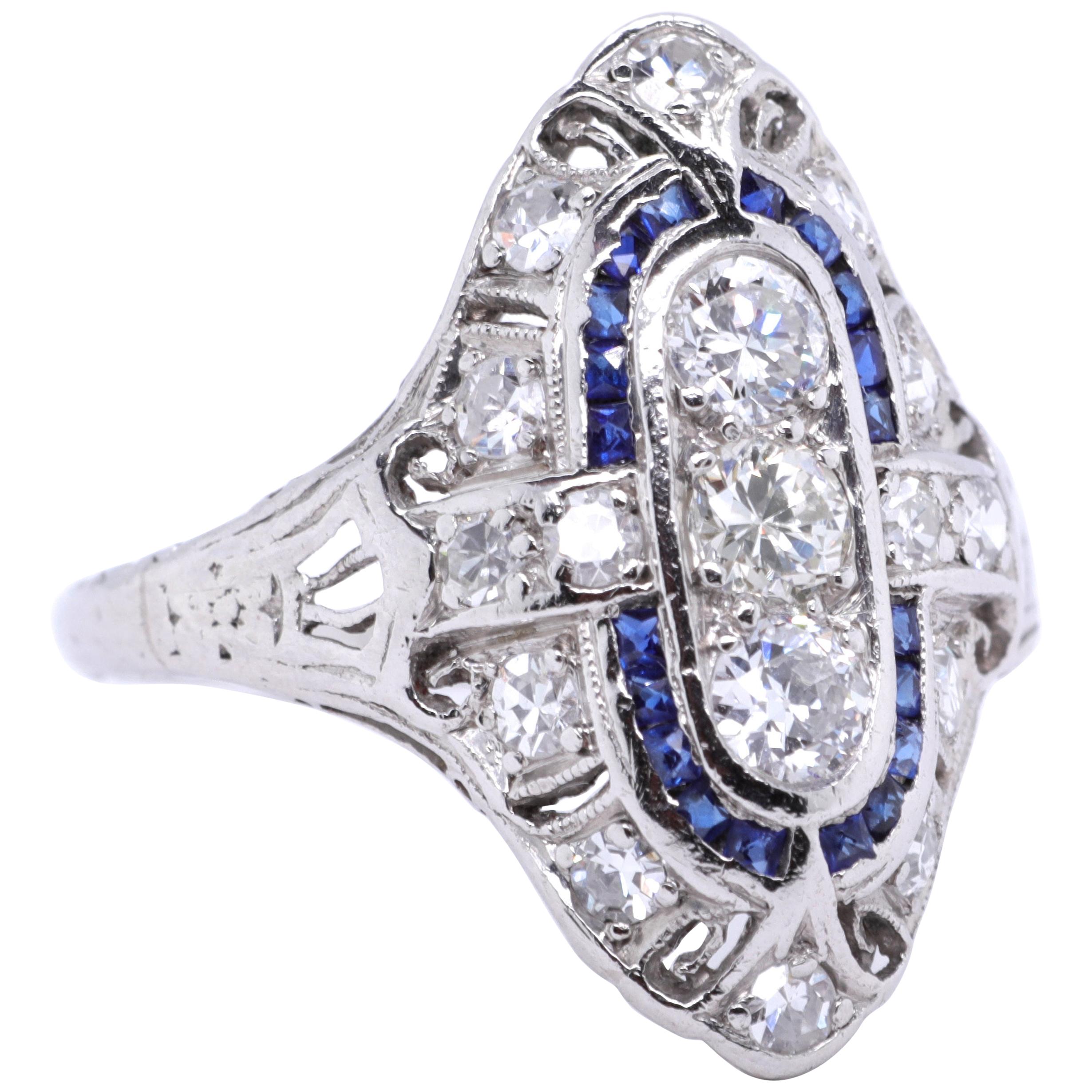 Art Deco Diamond Sapphire Navette Platinum Ring