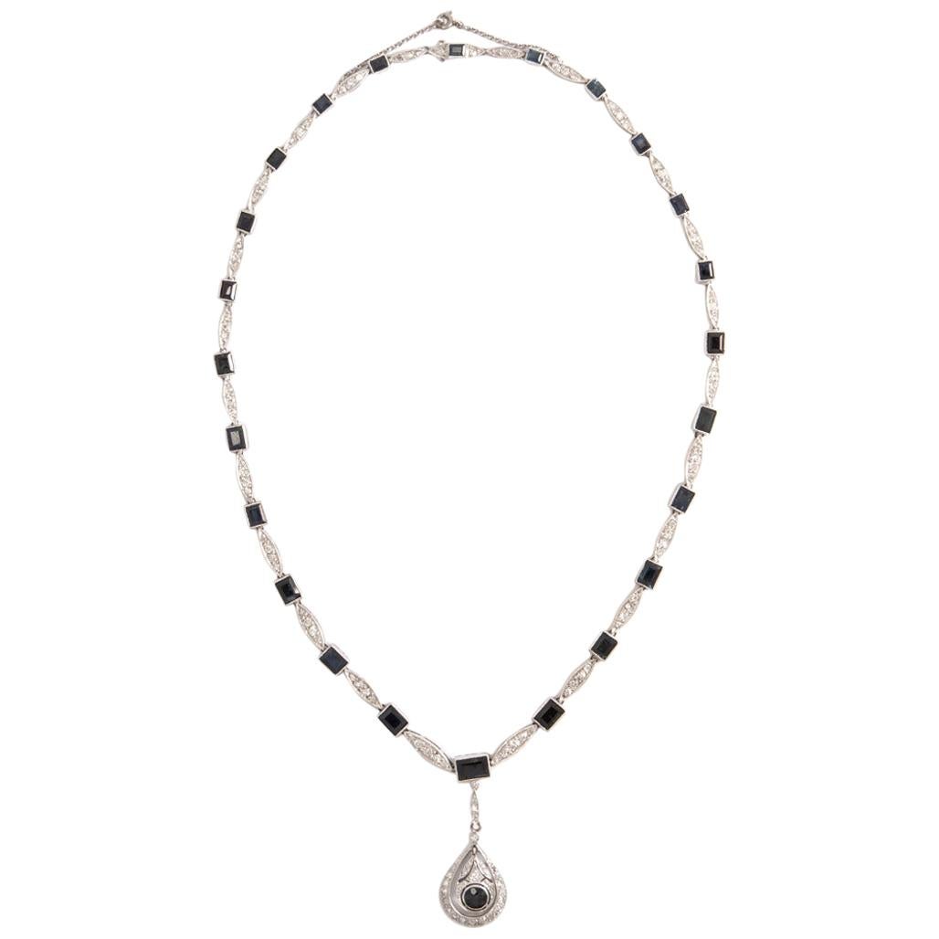 Art Deco Diamond Sapphire Necklace For Sale