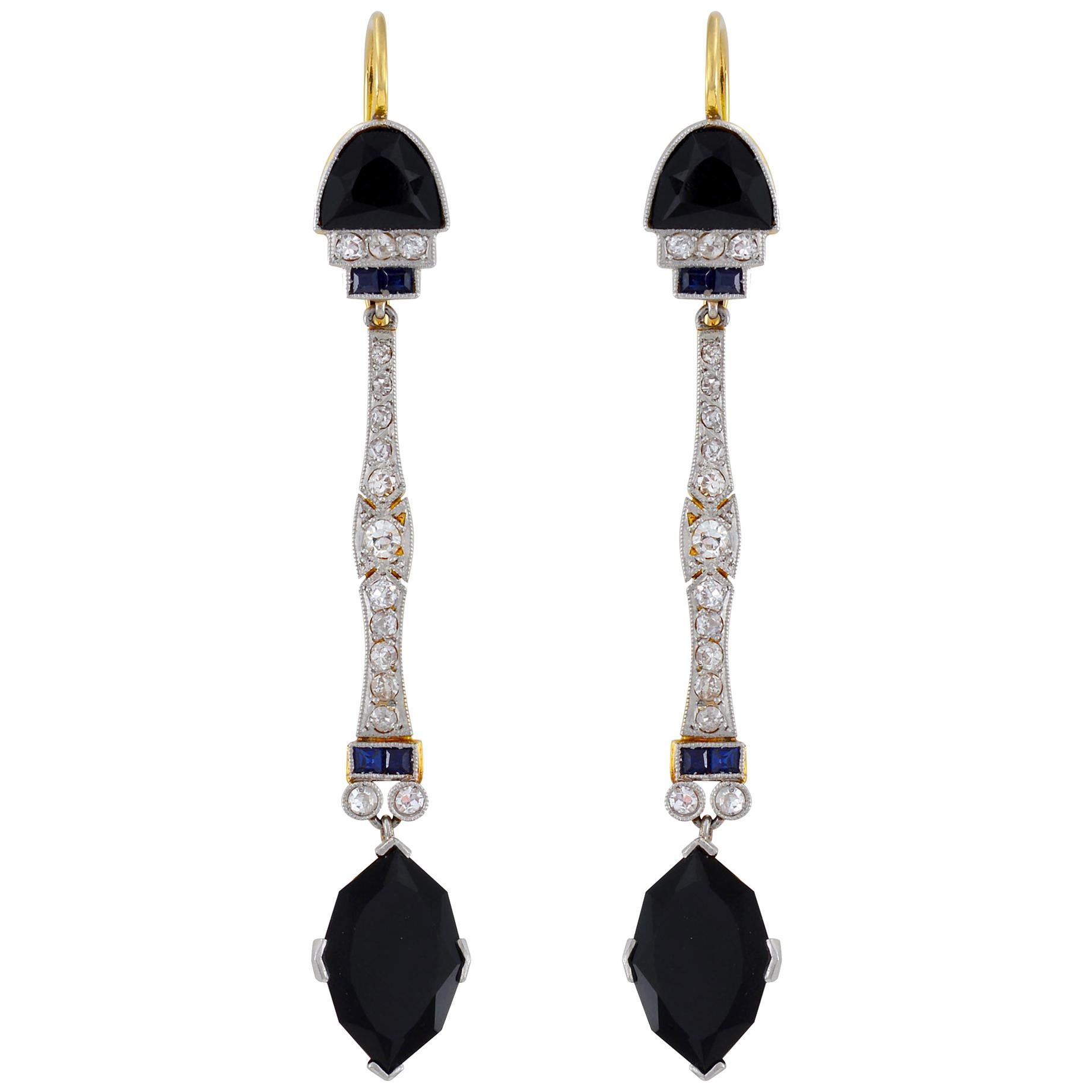 Art Deco Diamond, Sapphire, Onyx and Diamond Earrings For Sale