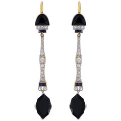Art Deco Diamond, Sapphire, Onyx and Diamond Earrings