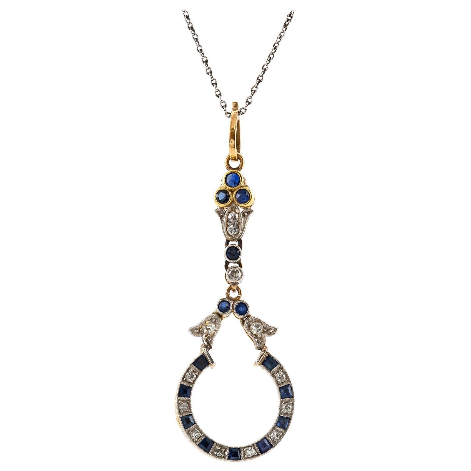 Art Deco Style Diamond Sapphire Pendant-Necklace