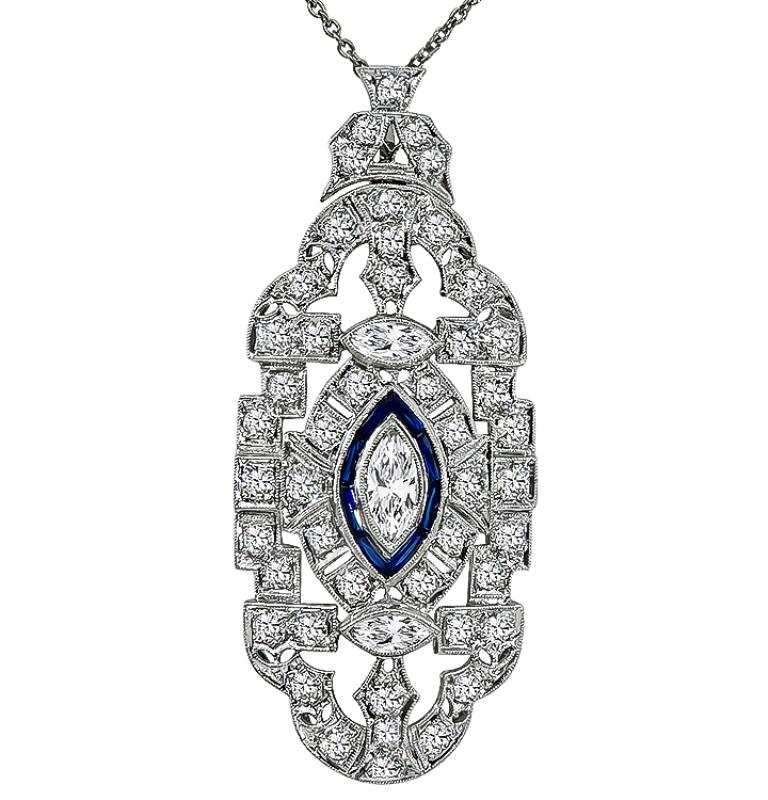 Marquise Cut Art Deco Diamond Sapphire Pendant or Pin