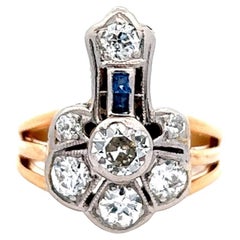 Art Deco Diamond Sapphire Platinum 14 Karat Yellow Gold Dinner Ring