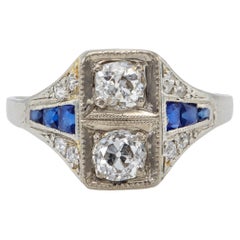 Art Deco Diamond Sapphire Platinum 14k White Gold Ring