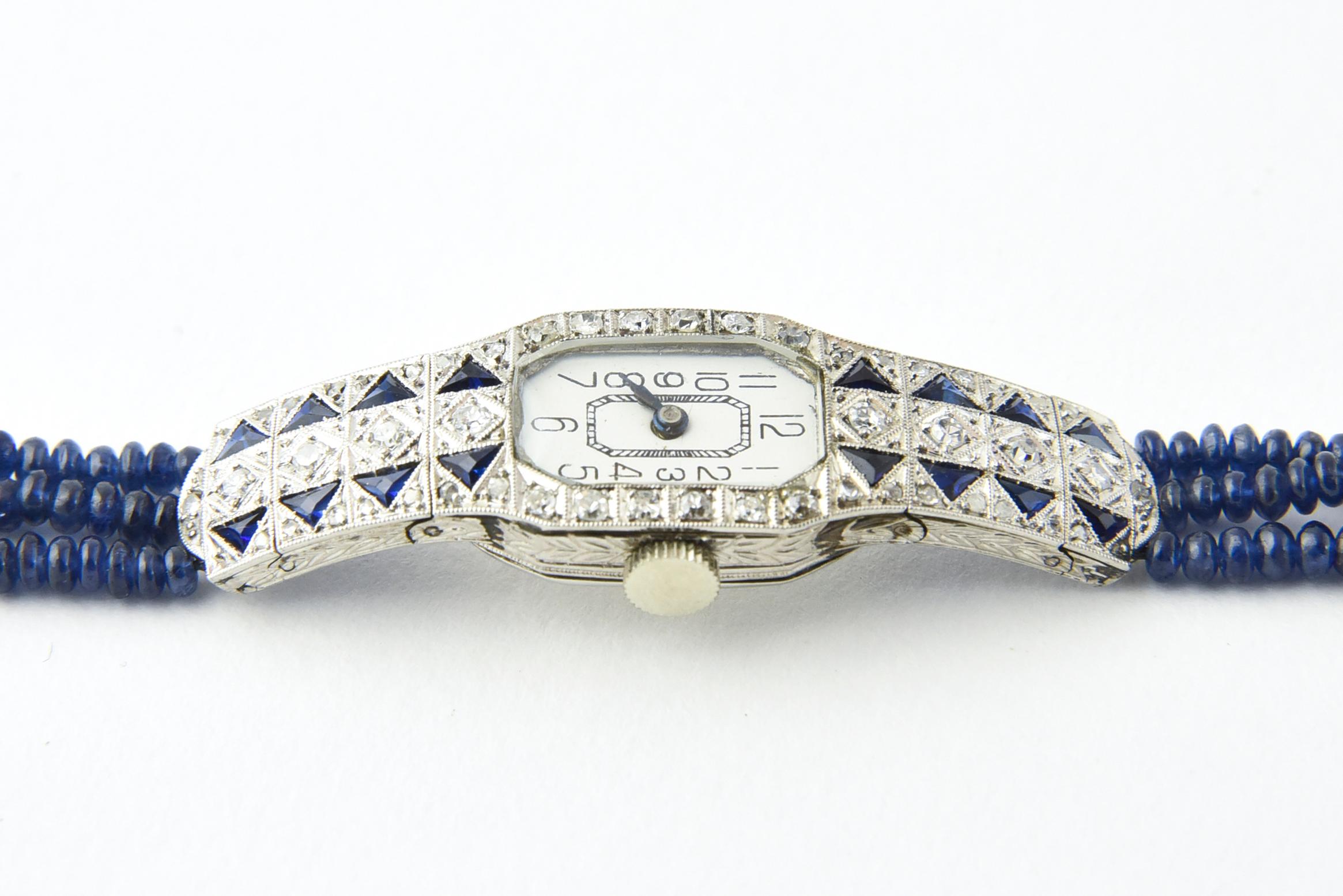 Round Cut Art Deco Diamond and Sapphire Platinum and White Gold Ladies Watch