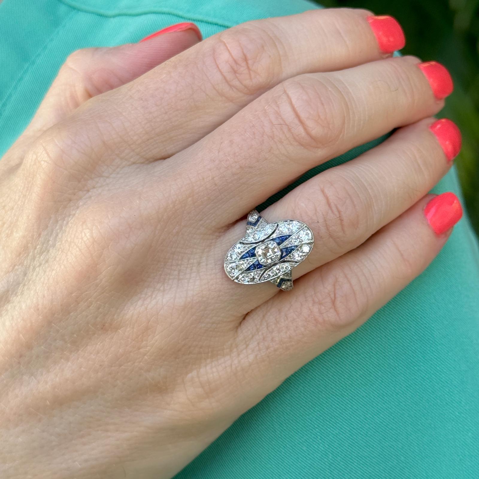 Mixed Cut Art Deco Diamond Sapphire Platinum Antique Cocktail Ring