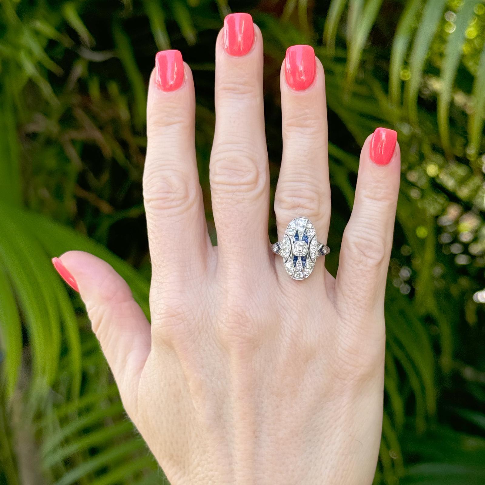 Art Deco Diamond Sapphire Platinum Antique Cocktail Ring In Excellent Condition In Boca Raton, FL