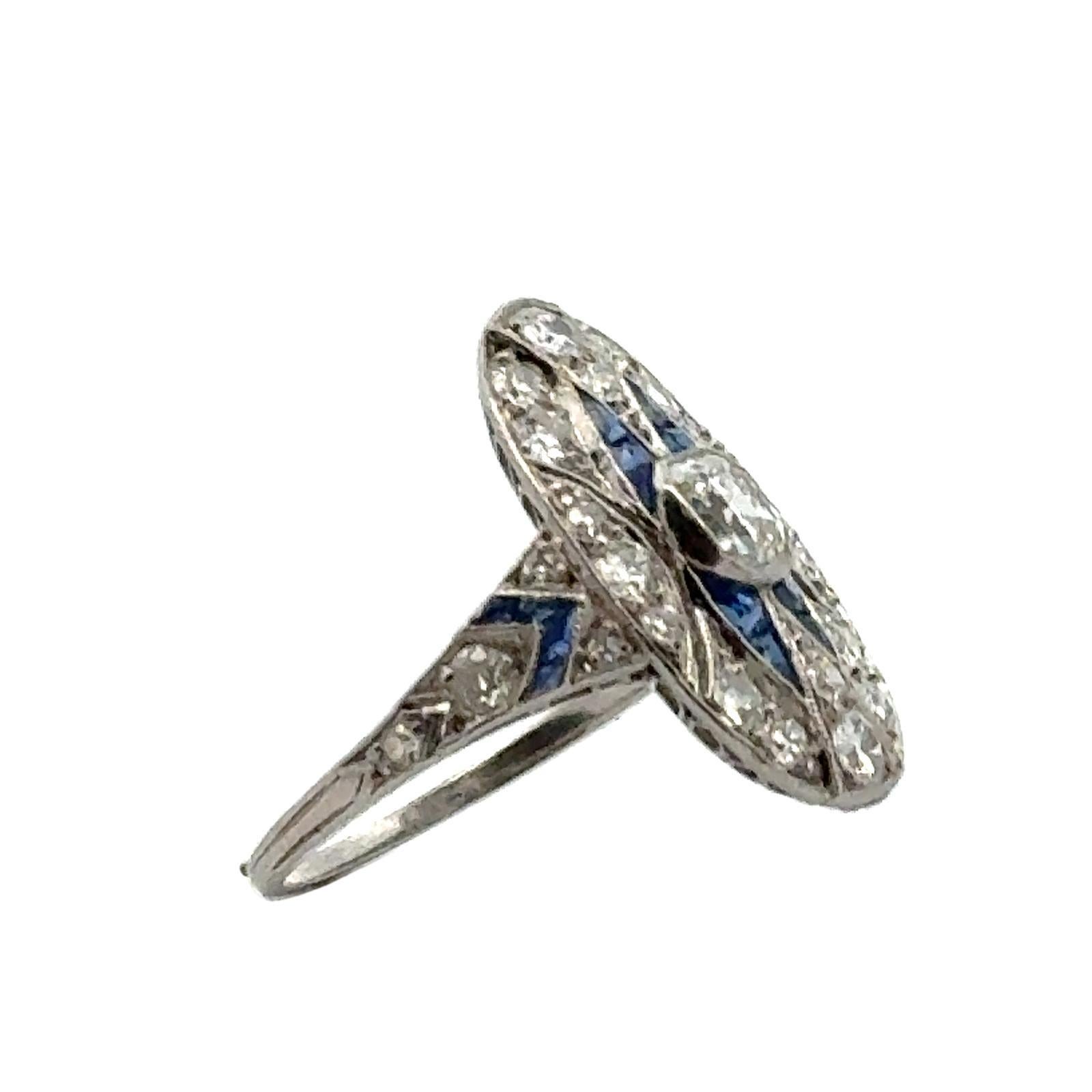 Women's Art Deco Diamond Sapphire Platinum Antique Cocktail Ring
