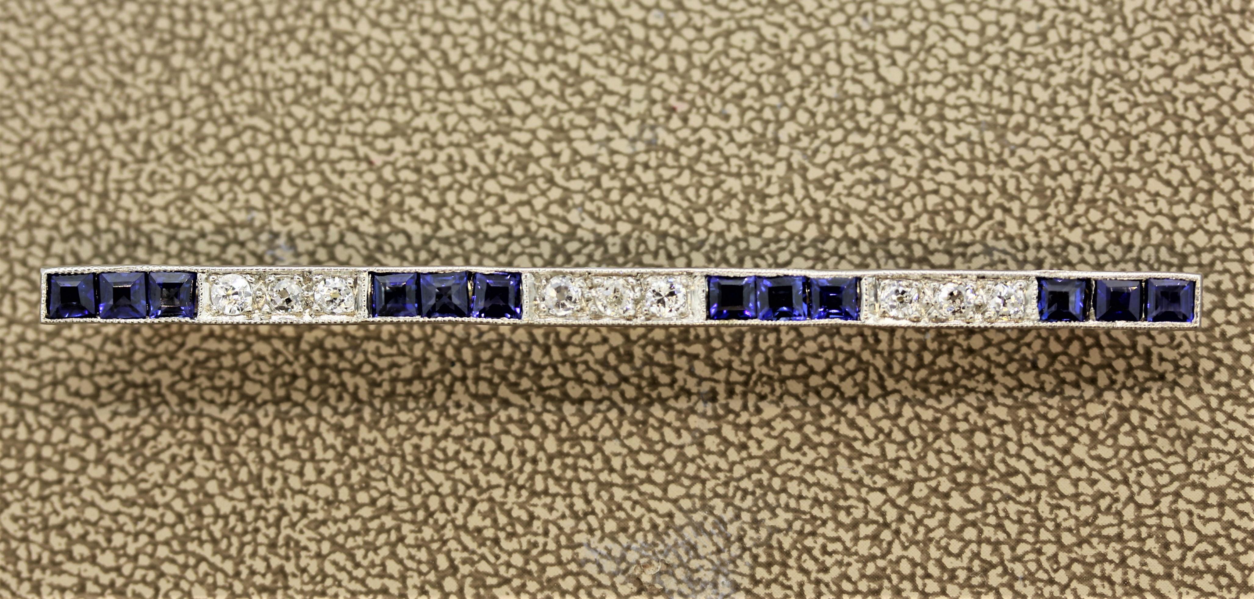 A classic Art Deco piece from the 1920’s, this bar pin features alternating patterns of diamonds and blue sapphires. There are 9 European cut diamonds along with 12 French cut sapphires. Set in platinum with a 14k yellow gold pin and catch.

Length: