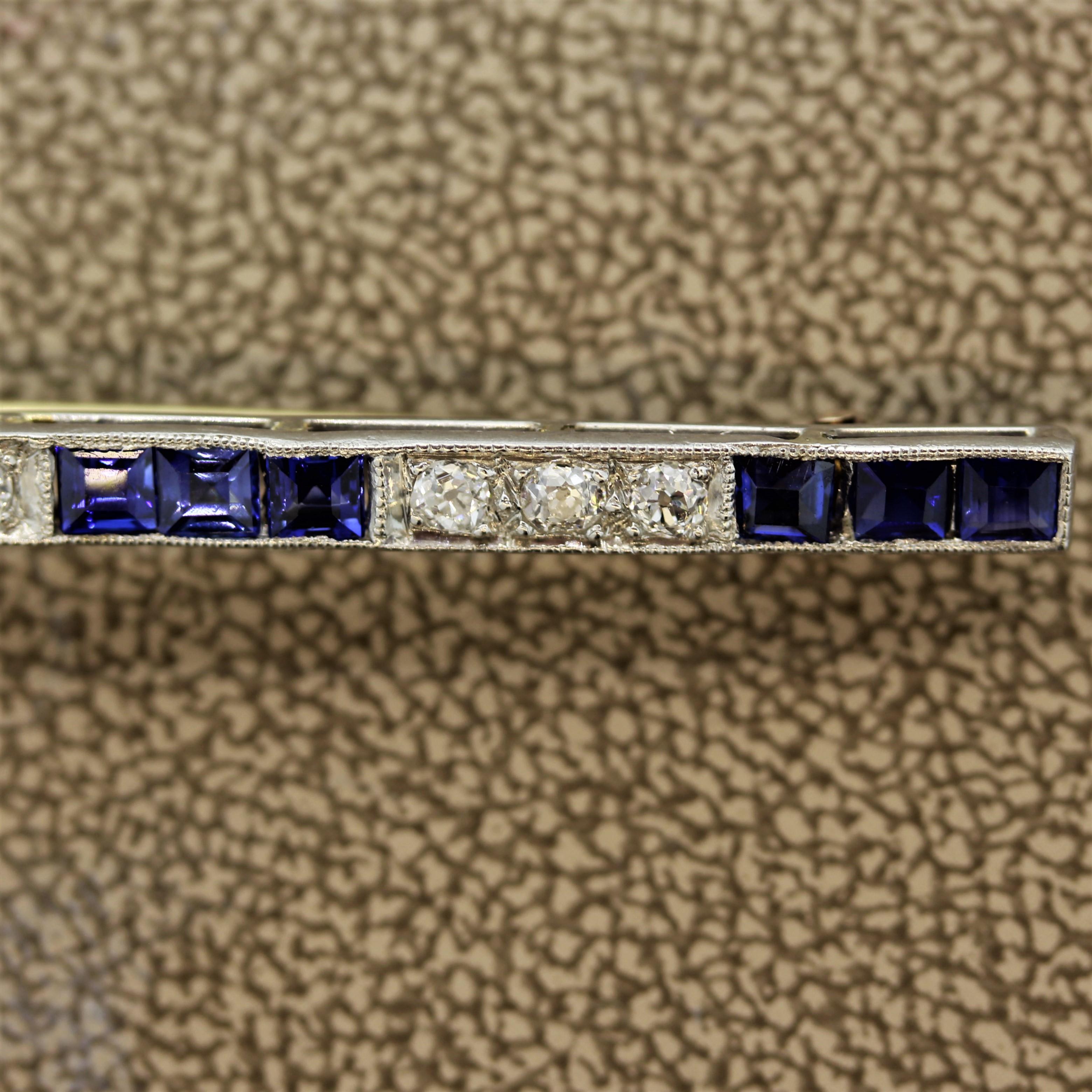 Mixed Cut Art Deco Diamond Sapphire Platinum Bar Pin