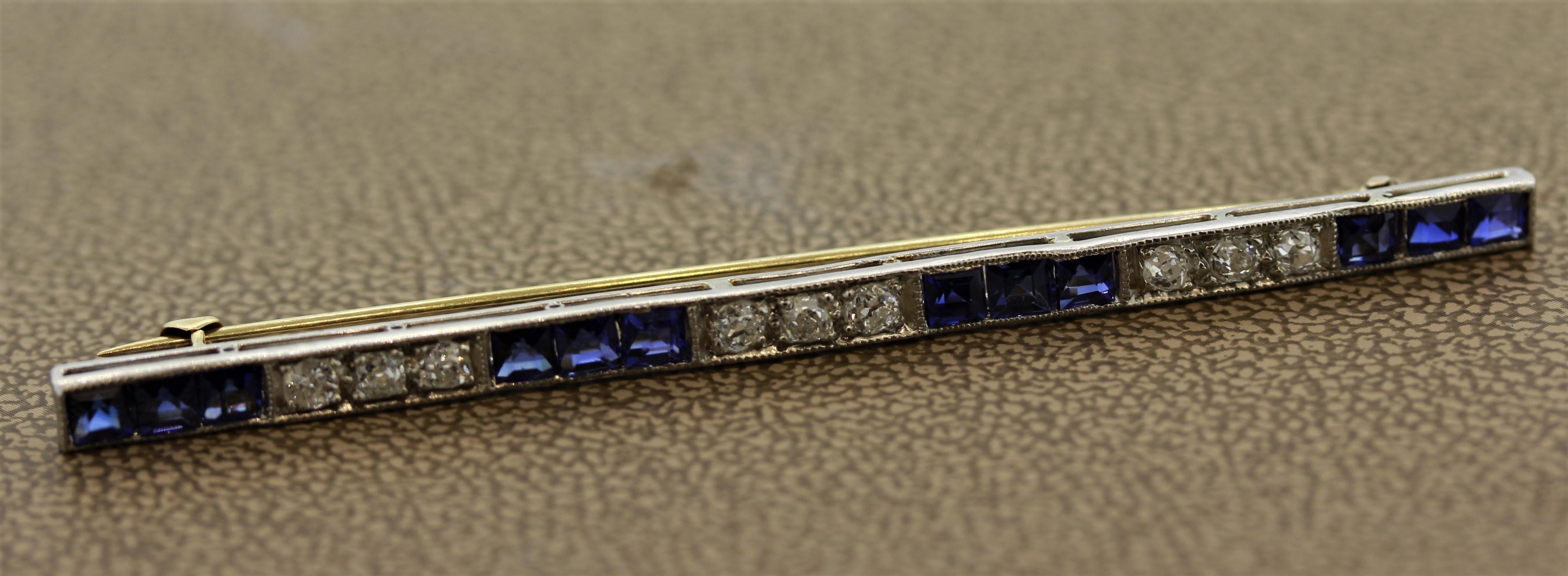 Art Deco Diamond Sapphire Platinum Bar Pin In Excellent Condition In Beverly Hills, CA