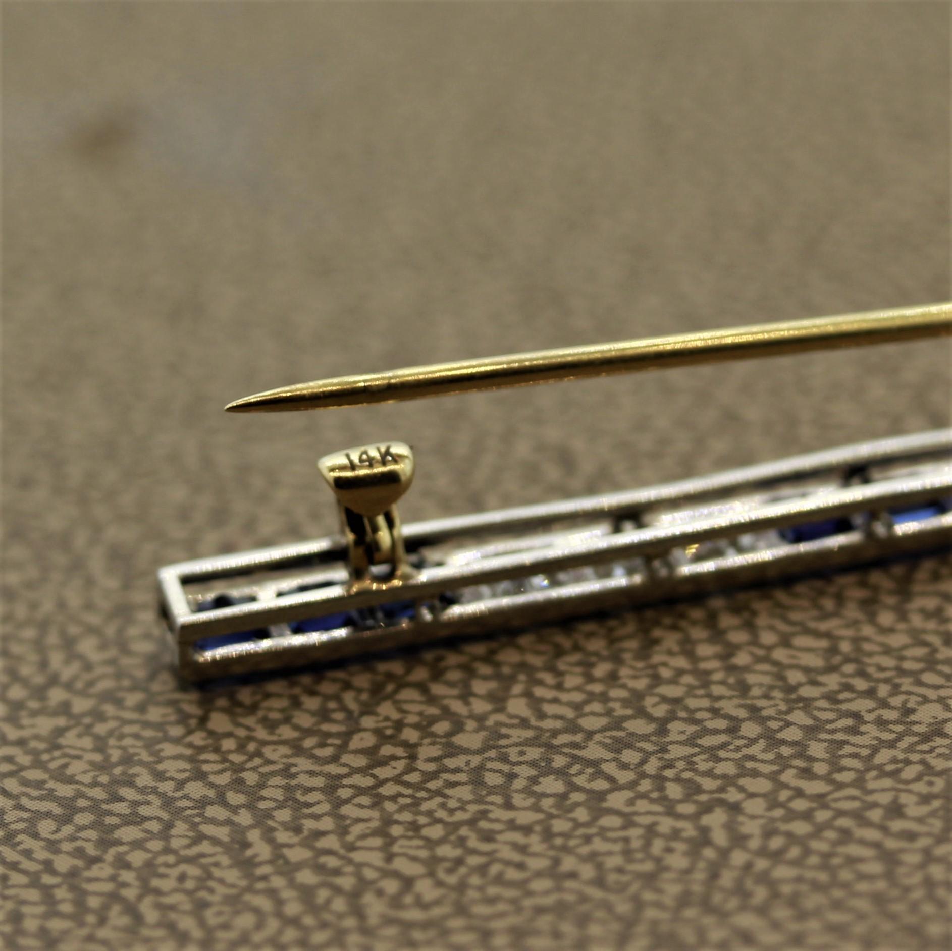 Women's Art Deco Diamond Sapphire Platinum Bar Pin