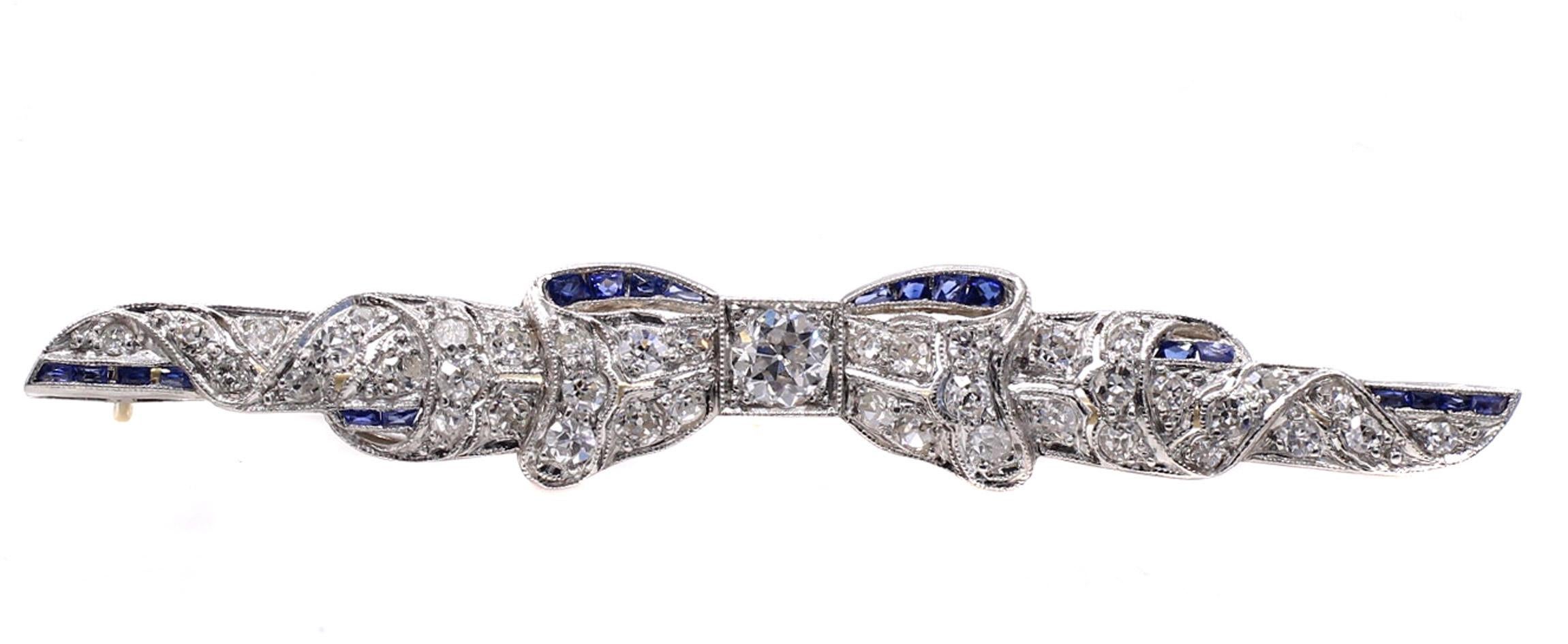 Old European Cut Art Deco Diamond Sapphire Platinum Bow Brooch For Sale