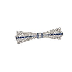 Art Deco Diamond Sapphire Platinum Bow Pin Brooch