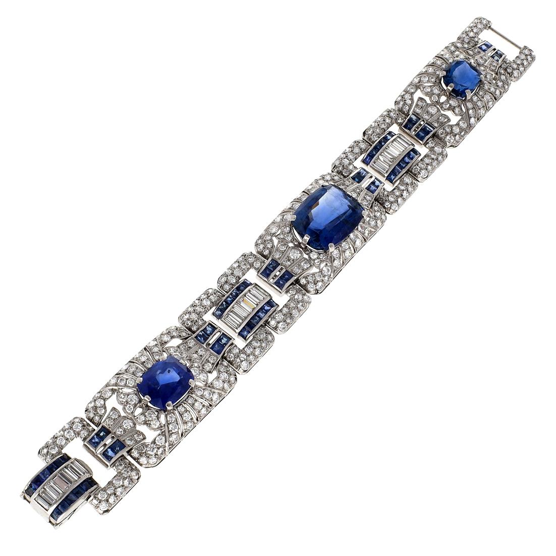 Circa 1930s brilliant-cut diamond and sapphire bracelet mounted in platinum.

Total sapphire approx. 50 cts.
Dimensions approx. 7 1/2