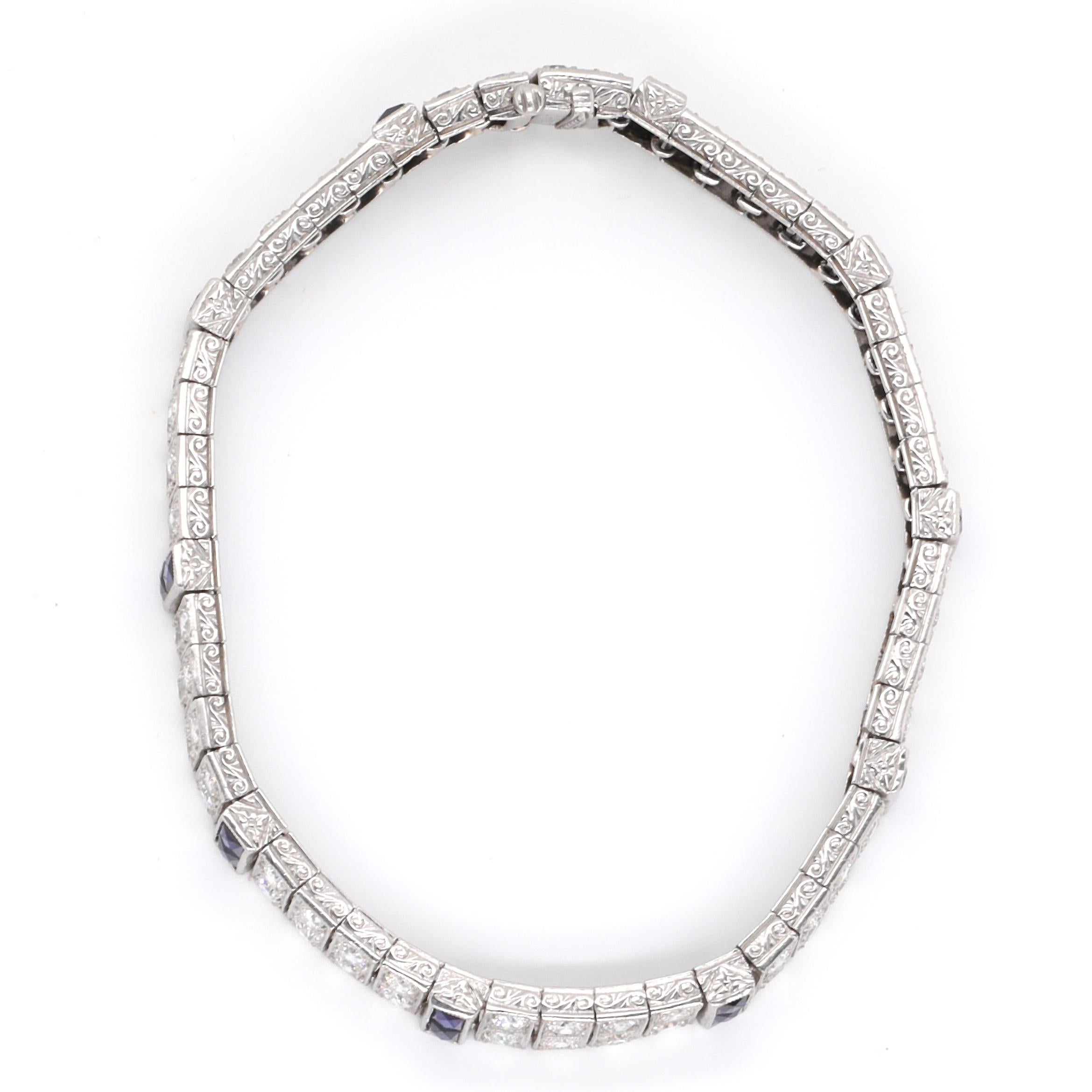 The Art Deco style never gets old! The dancing, the cocktails, the lifestyle, all the things the Roaring 20's are known for. Feel yourself like a 1920's fashionista wearing this gorgeous Art Deco Diamond Sapphire Bracelet. This gorgeous bracelet