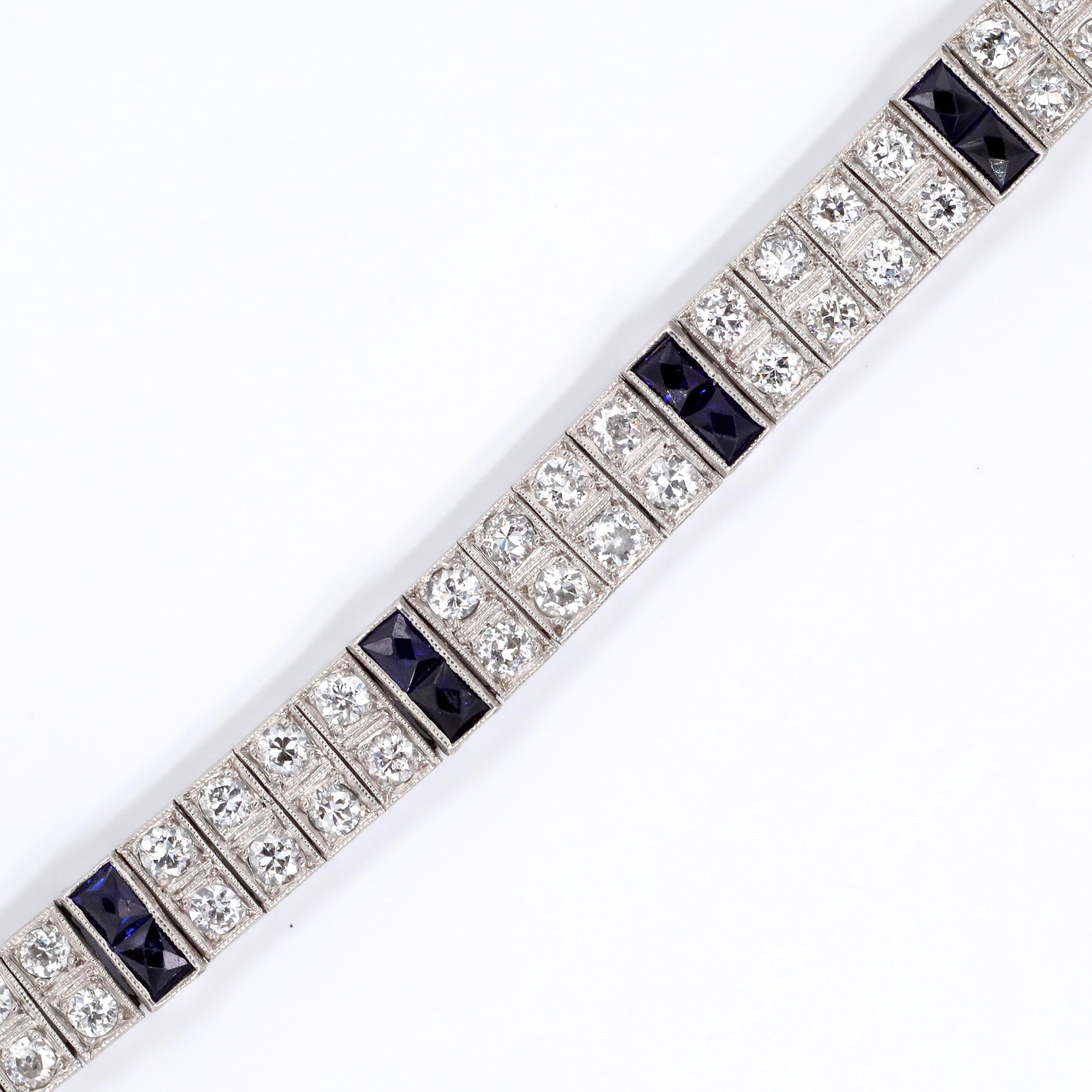 Old European Cut Art Deco Diamond Sapphire Platinum Bracelet