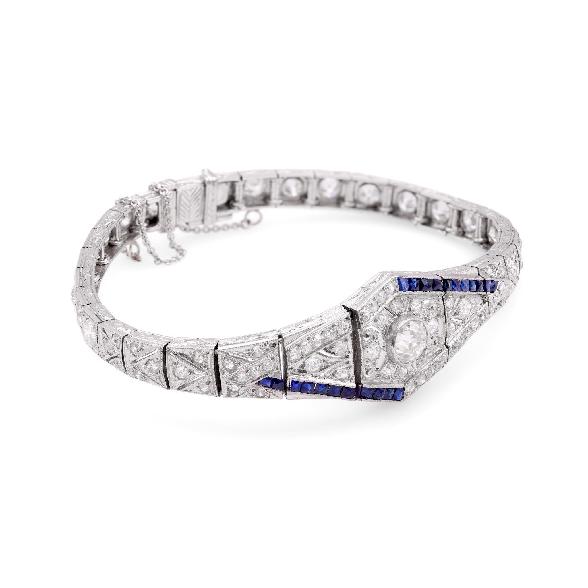 Old European Cut Art Deco Diamond Sapphire Platinum Bracelet