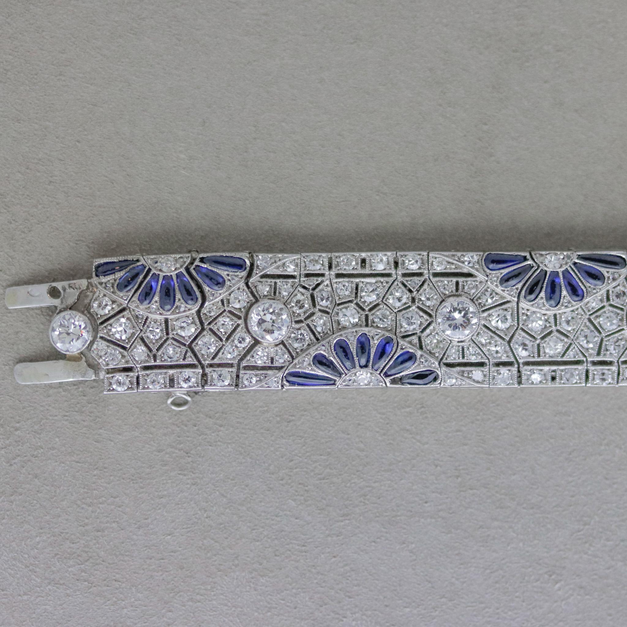 Mixed Cut Art Deco Diamond Sapphire Platinum Bracelet