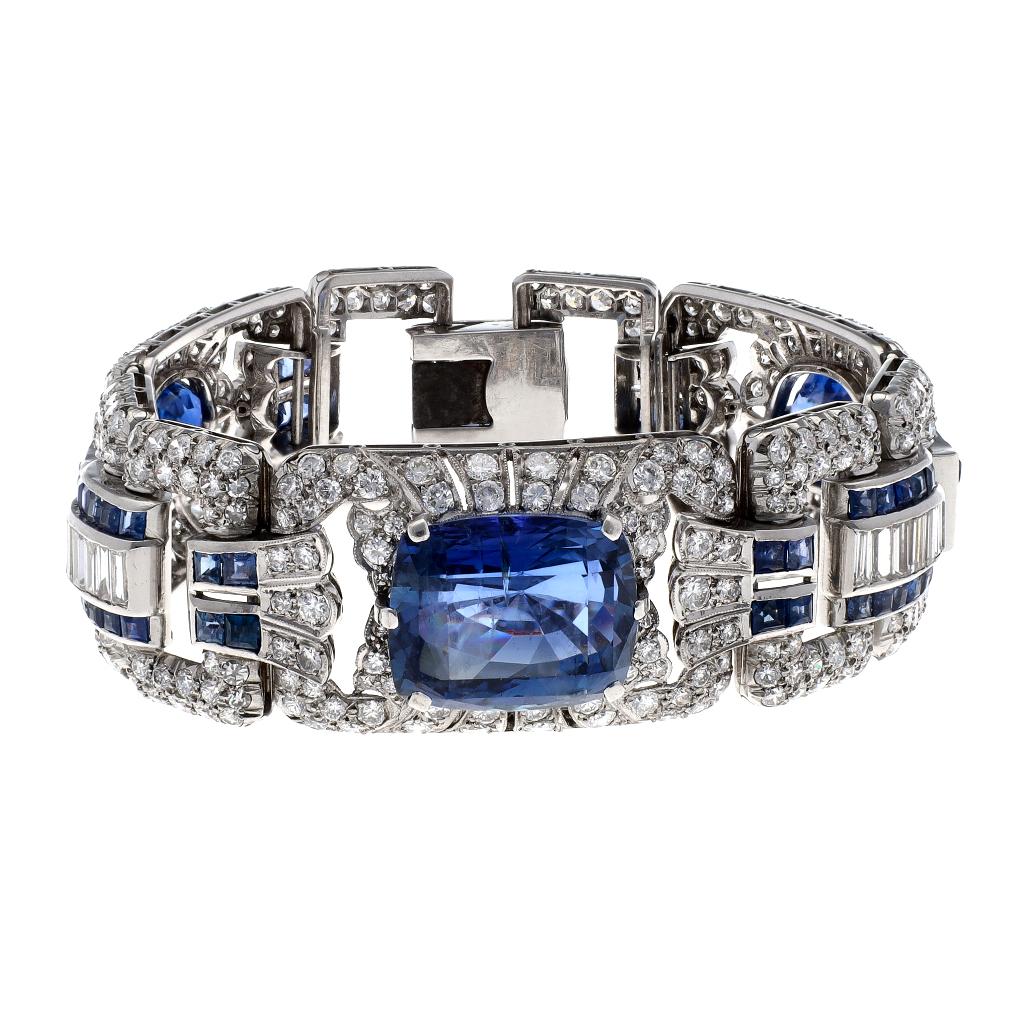 Round Cut Art Deco Diamond Sapphire Platinum Bracelet For Sale