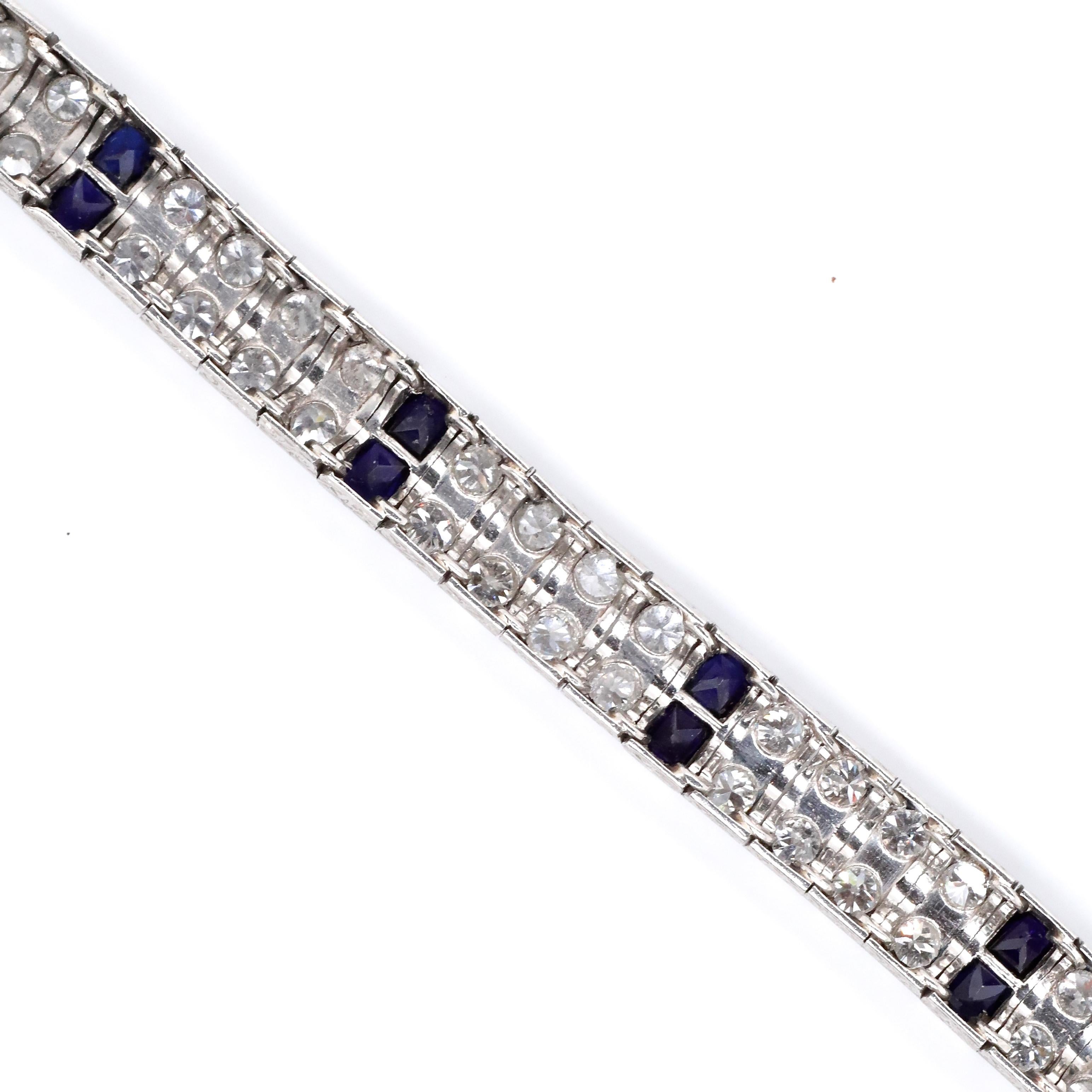 Art Deco Diamond Sapphire Platinum Bracelet In Excellent Condition In Beverly Hills, CA