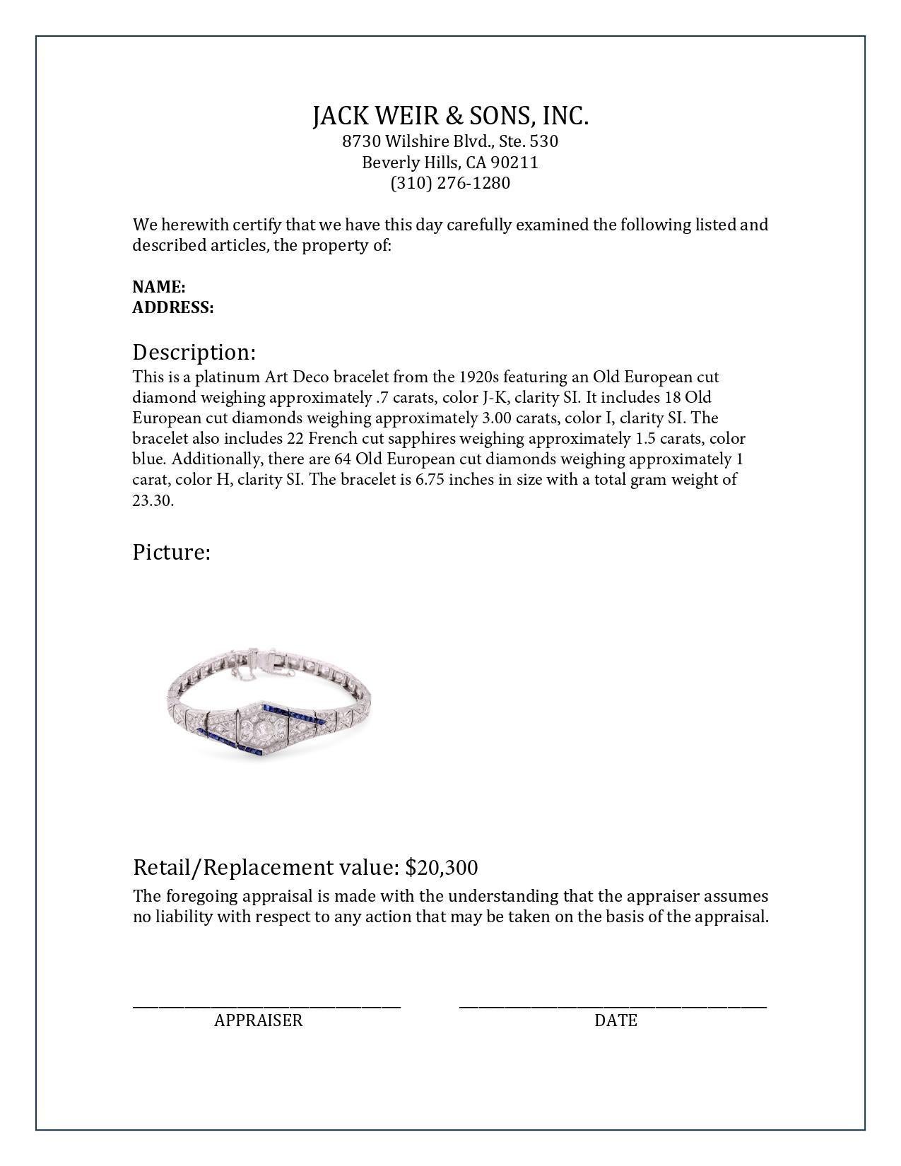 Art Deco Diamond Sapphire Platinum Bracelet In Excellent Condition In Beverly Hills, CA