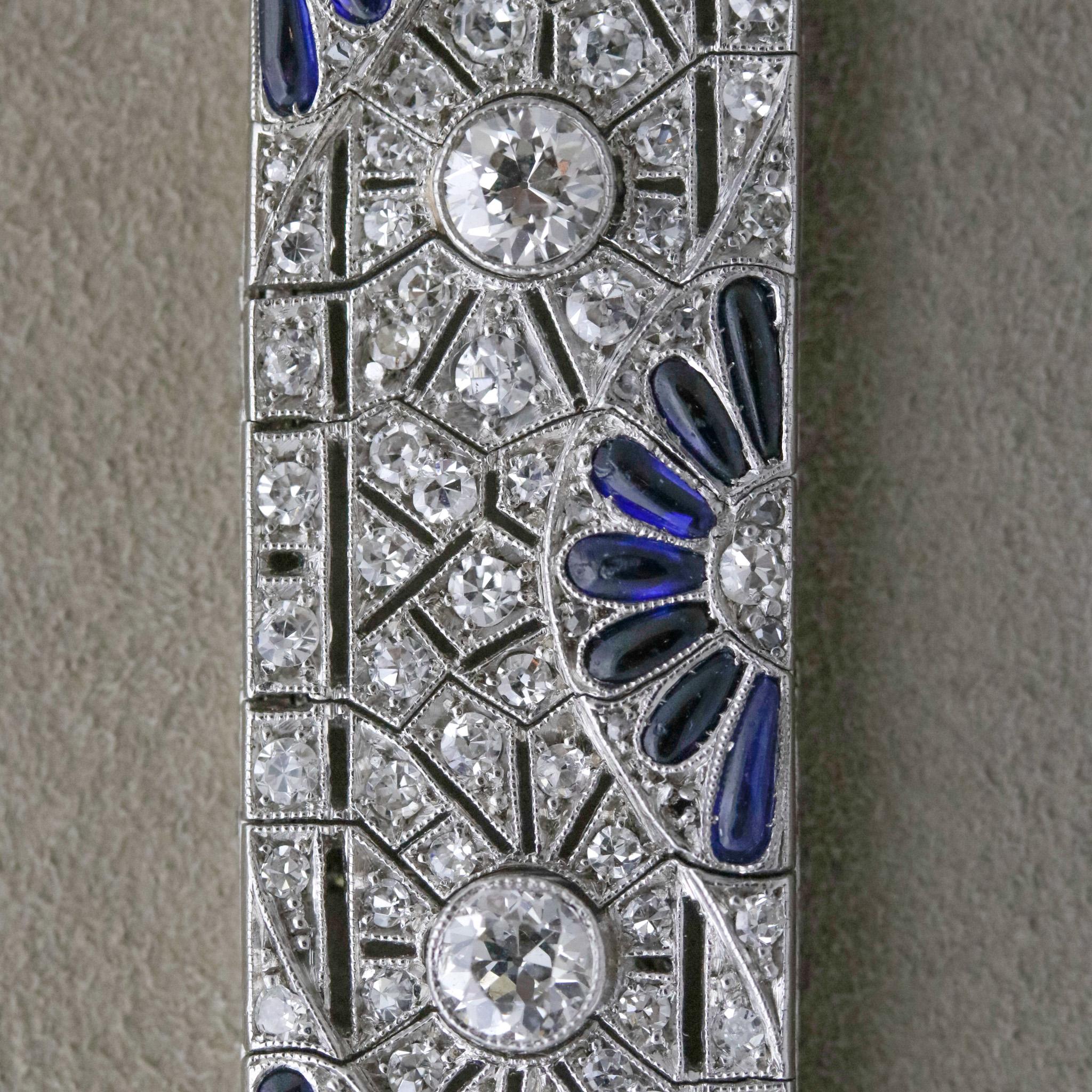 Art Deco Diamond Sapphire Platinum Bracelet In Excellent Condition In Beverly Hills, CA