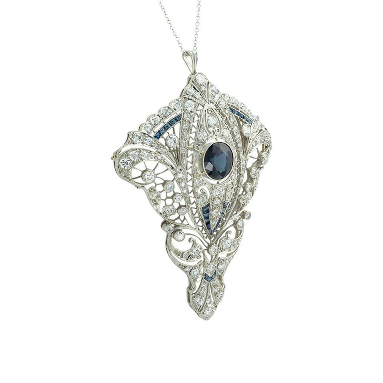 Art Deco Diamond Sapphire Platinum Brooch Pendant In Good Condition For Sale In Los Angeles, CA
