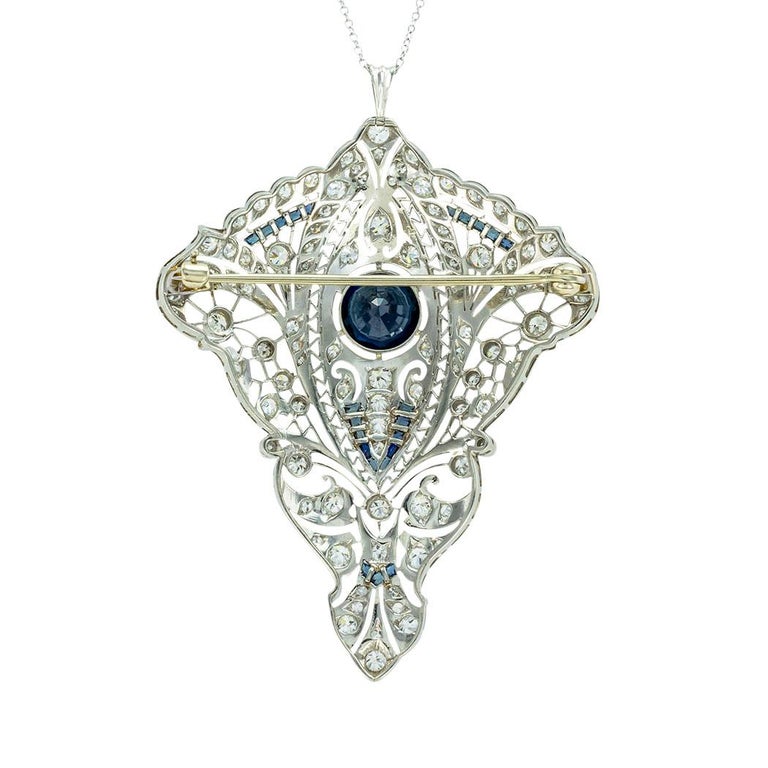 Women's or Men's Art Deco Diamond Sapphire Platinum Brooch Pendant For Sale