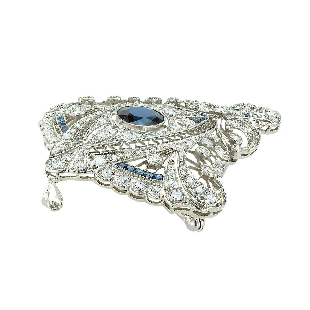 Women's or Men's Art Deco Diamond Sapphire Platinum Brooch Pendant