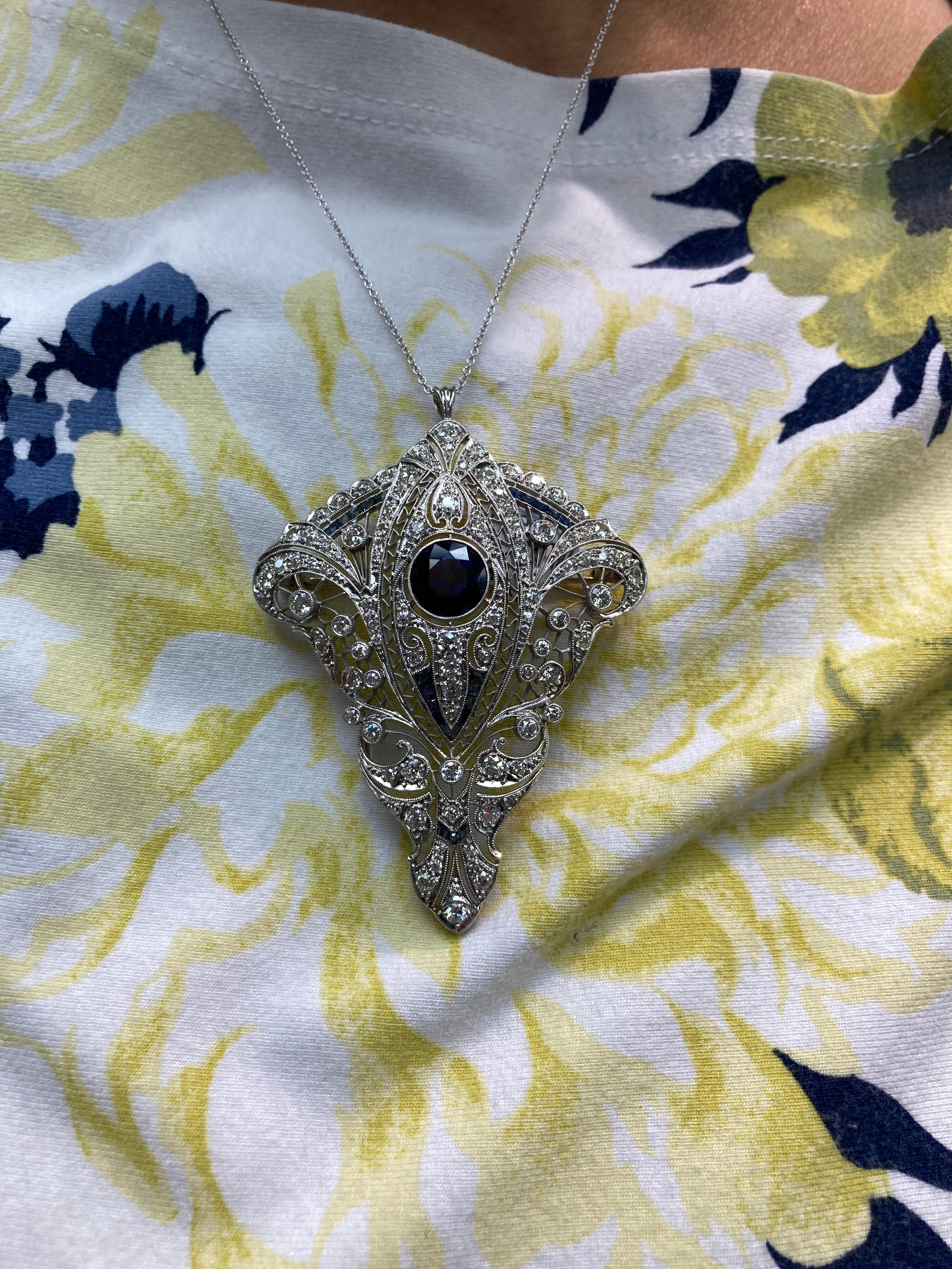 Art Deco Diamond Sapphire Platinum Brooch Pendant 1