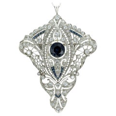 Art Deco Diamond Sapphire Platinum Brooch Pendant