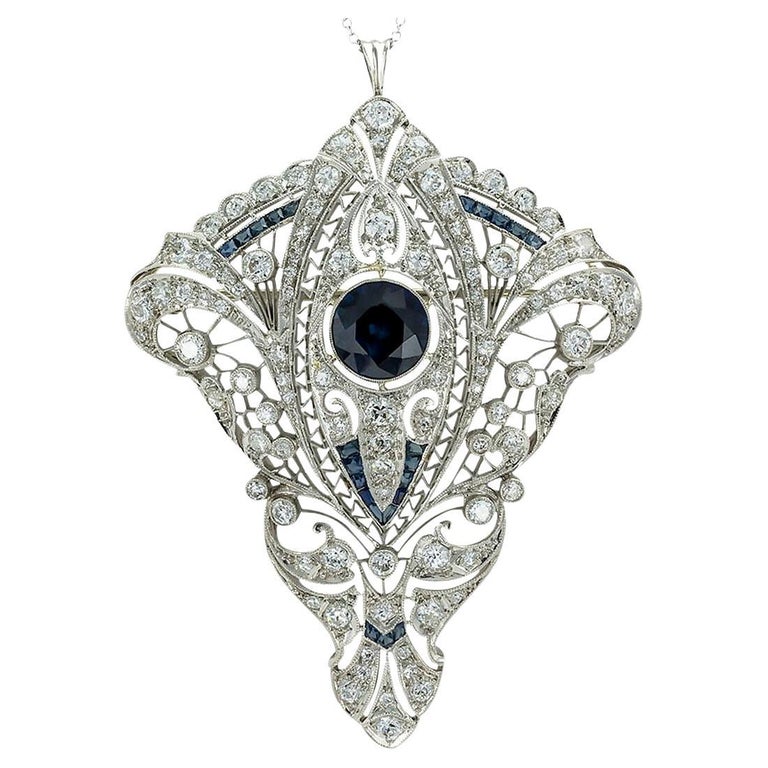 Art Deco Diamond Sapphire Platinum Brooch Pendant For Sale