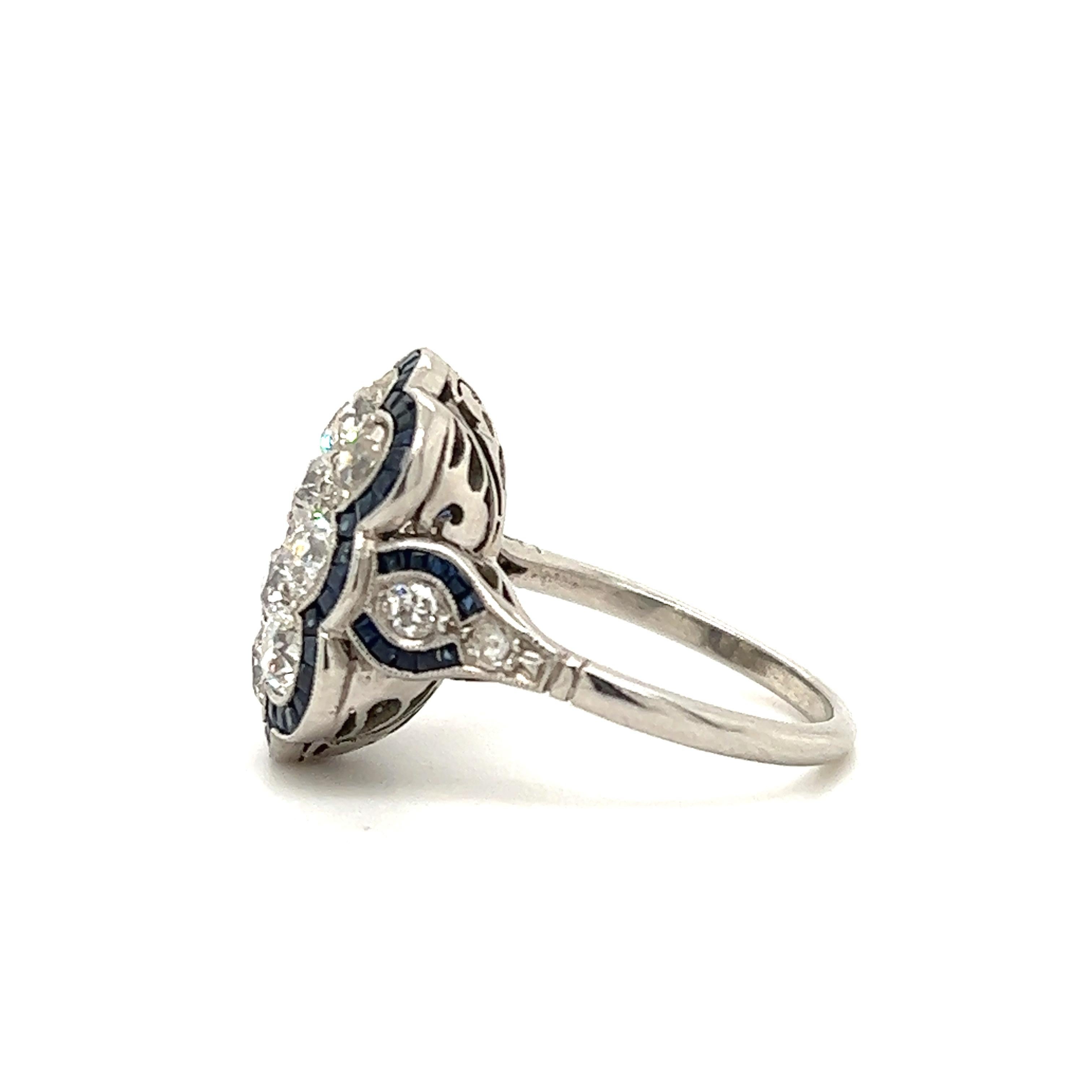 Art Deco Diamond & Sapphire Platinum Cluster Ring In Good Condition In MIAMI, FL
