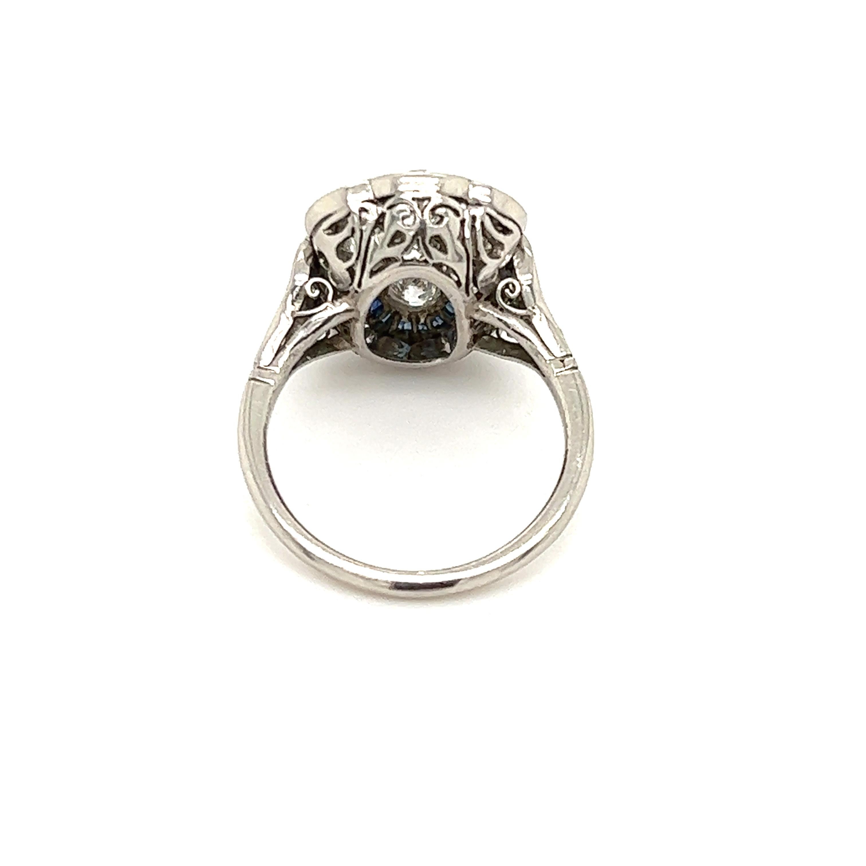 Women's or Men's Art Deco Diamond & Sapphire Platinum Cluster Ring