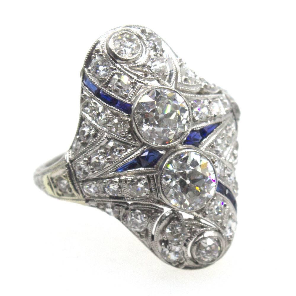 Art Deco Diamond Sapphire Platinum Cocktail Ring In Good Condition In Boca Raton, FL