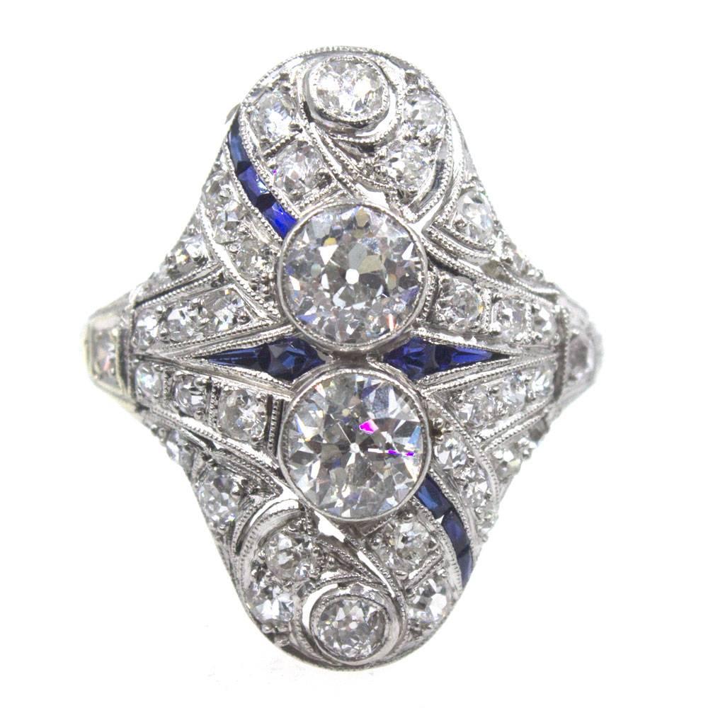 Women's Art Deco Diamond Sapphire Platinum Cocktail Ring