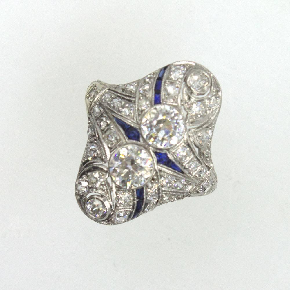 Art Deco Diamond Sapphire Platinum Cocktail Ring 1