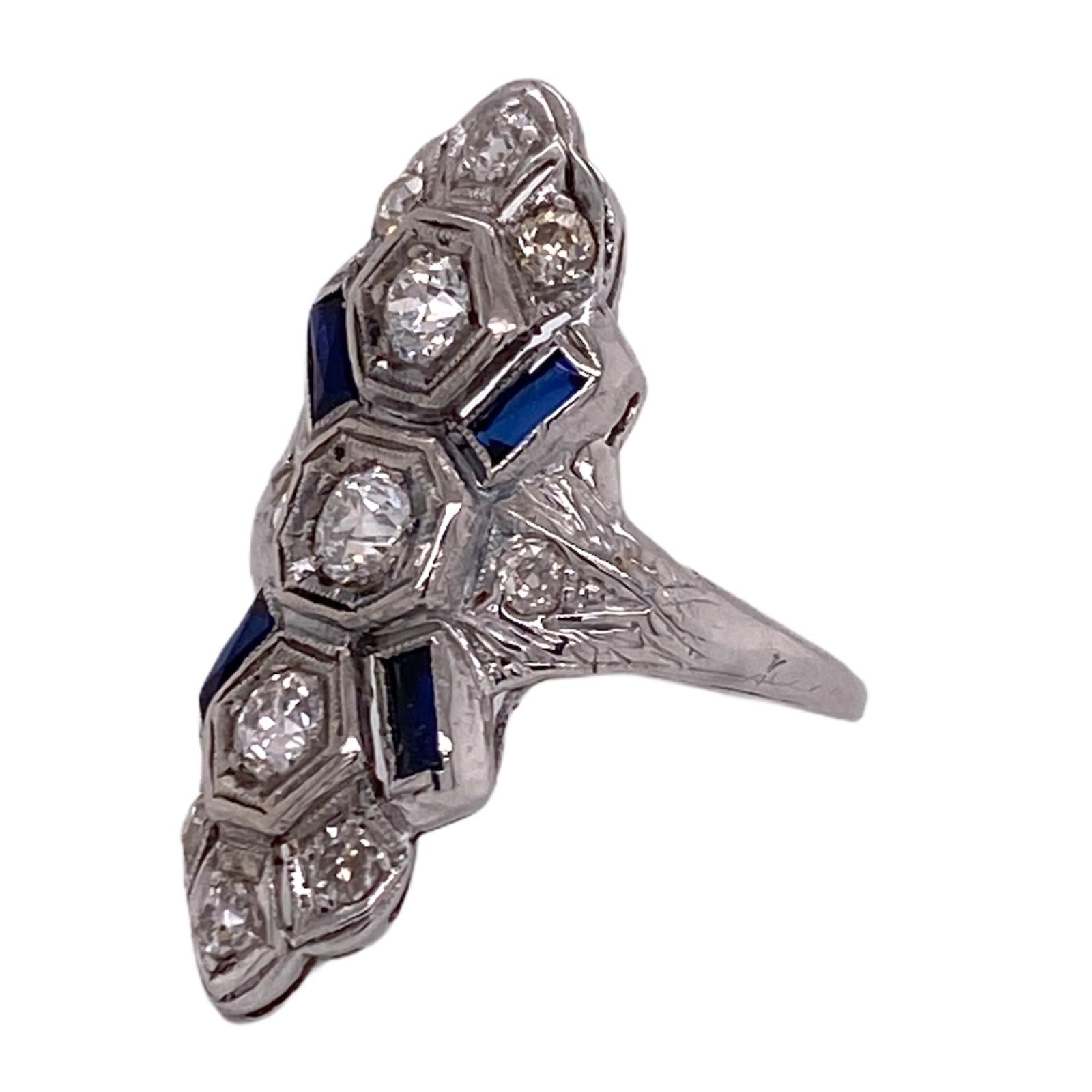 Art Deco Diamond Sapphire Platinum Cocktail Vintage Ring In Excellent Condition In Boca Raton, FL