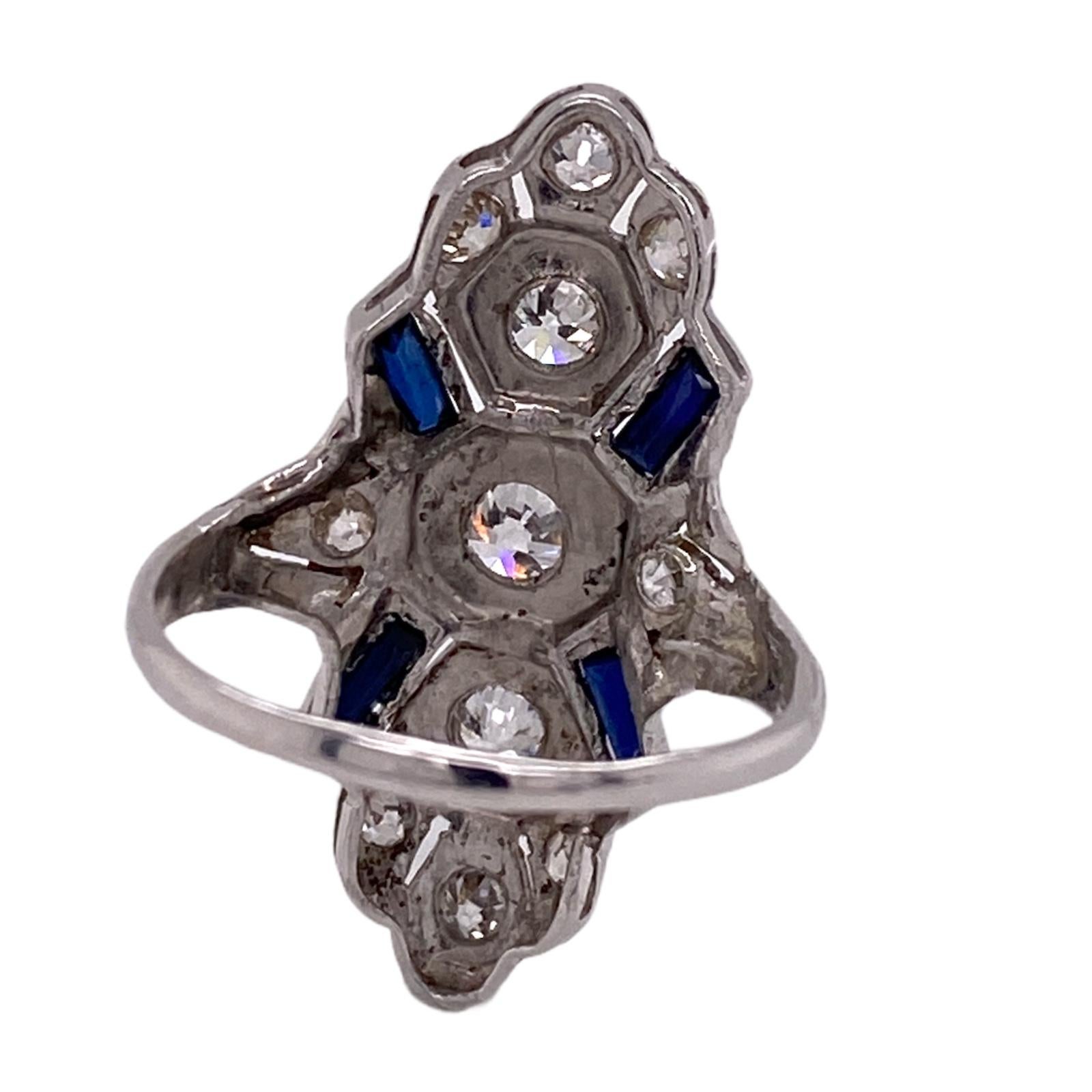 Women's Art Deco Diamond Sapphire Platinum Cocktail Vintage Ring