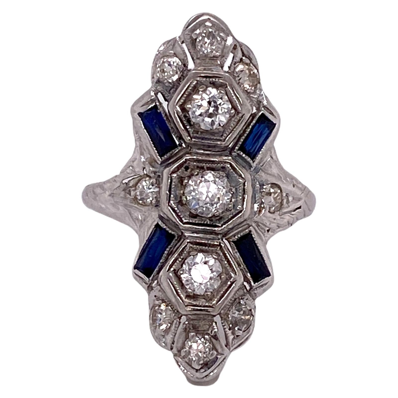 Art Deco Diamond Sapphire Platinum Cocktail Vintage Ring